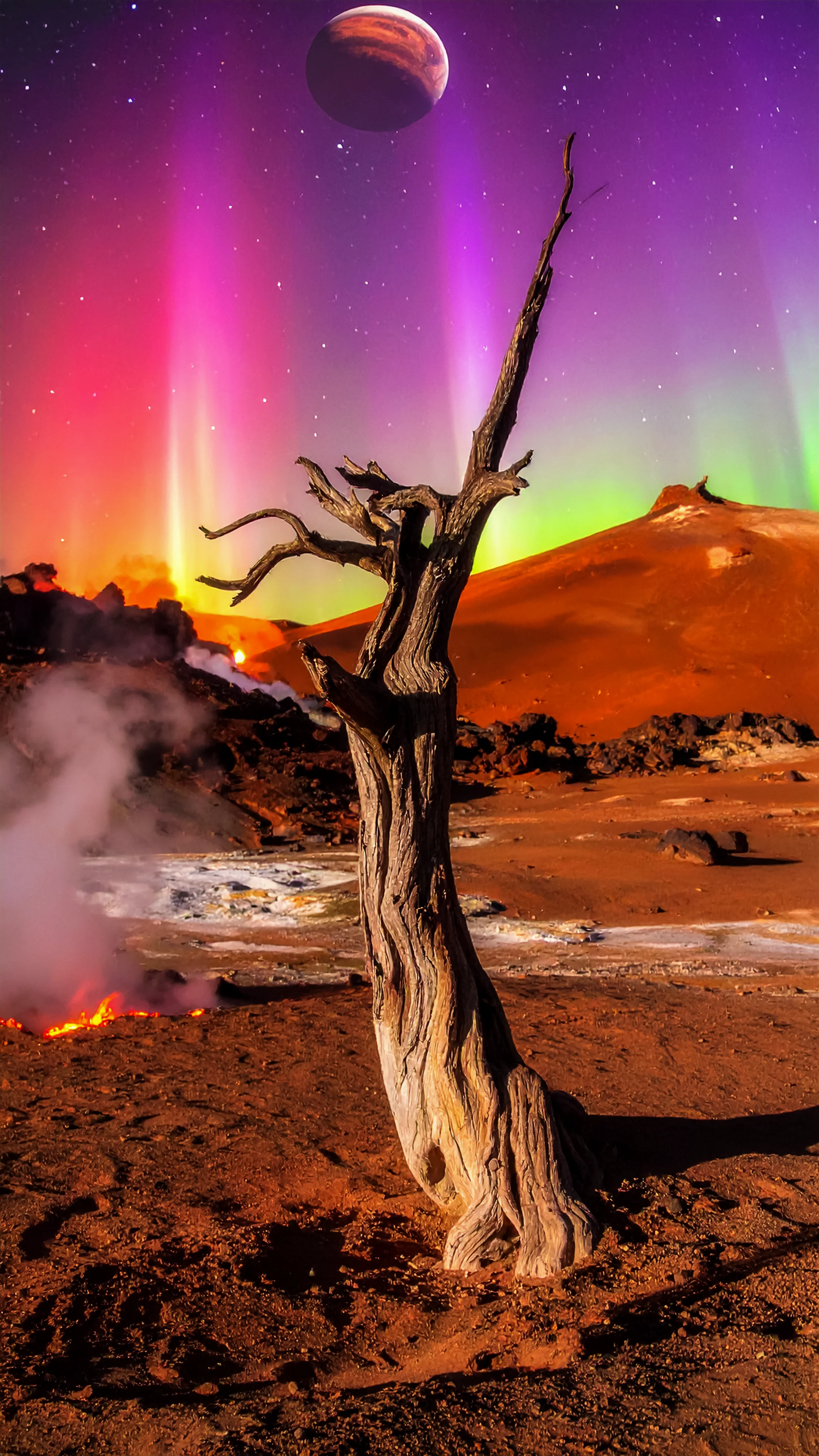 4k wallpaper for mobile Alien Lava Landscape with Giant Red Planet & Neon Aurora, Surreal Dead Tree on Volcanic Ground under Purple Sky