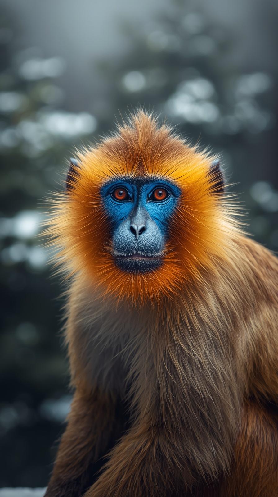 Close-up of a golden snub-nosed monkey with blue face and orange fur.