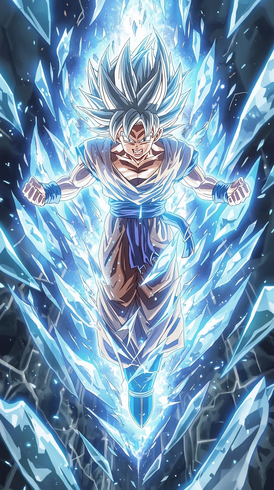 4k resolution wallpaper for mobile – Iconic anime warrior with silver hair standing in a powerful blue aura of energy with floating rocks and a volcanic debris