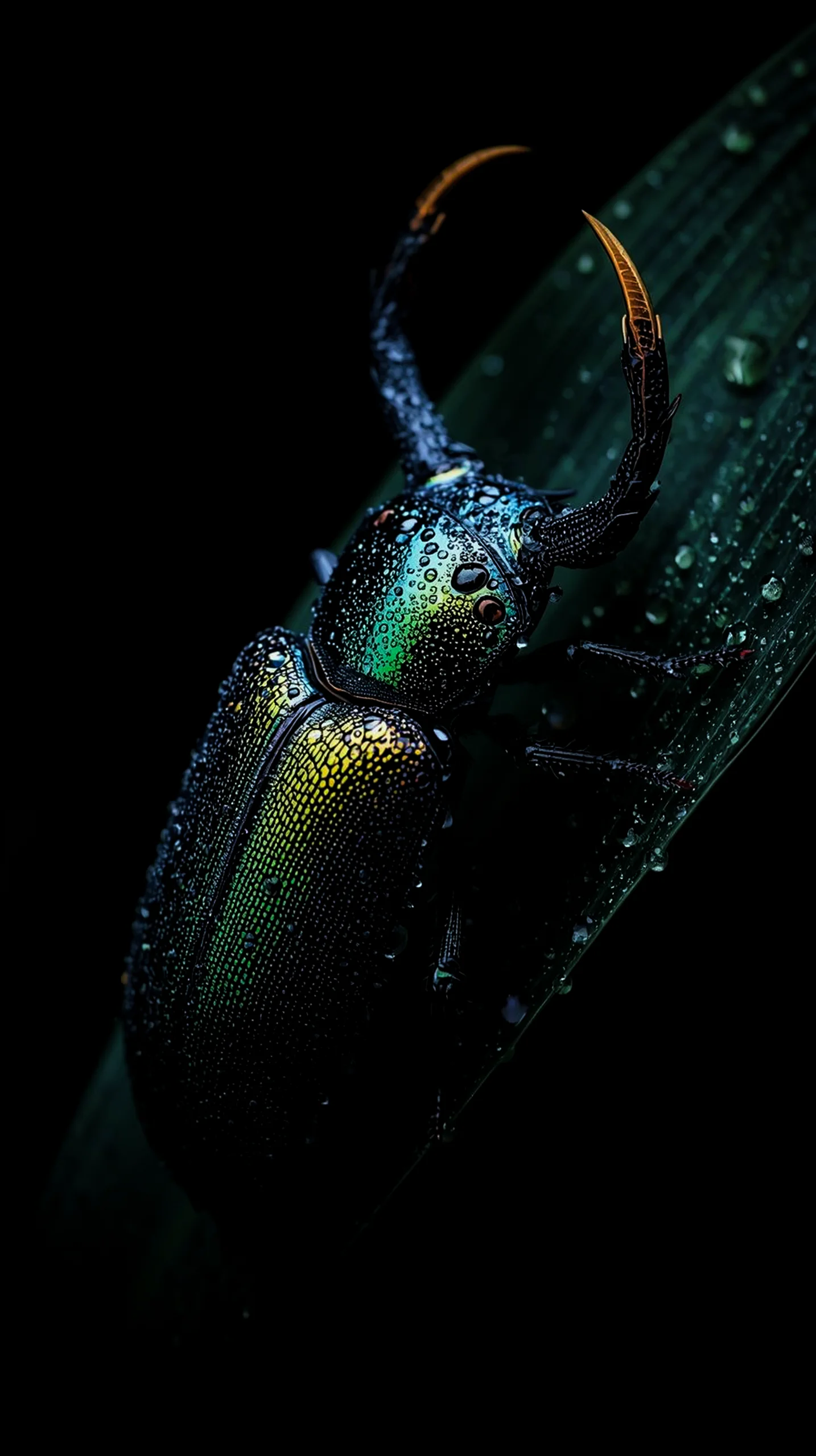Close-up of a metallic green and blue jewel beetle on a leaf with water droplets. AMOLED wallpaper 4K for mobile,