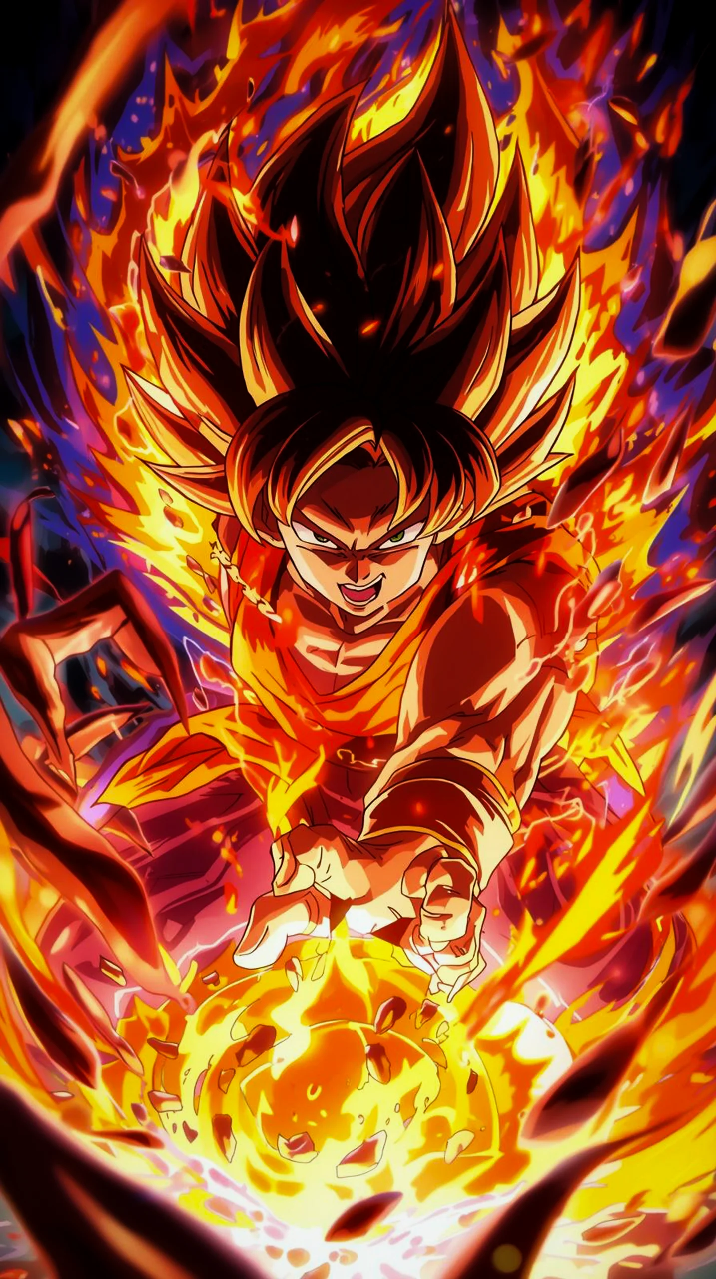 Goku in Super Saiyan form, a dynamic anime phone wallpaper with intense fiery effects. Perfect for iPhone and Android