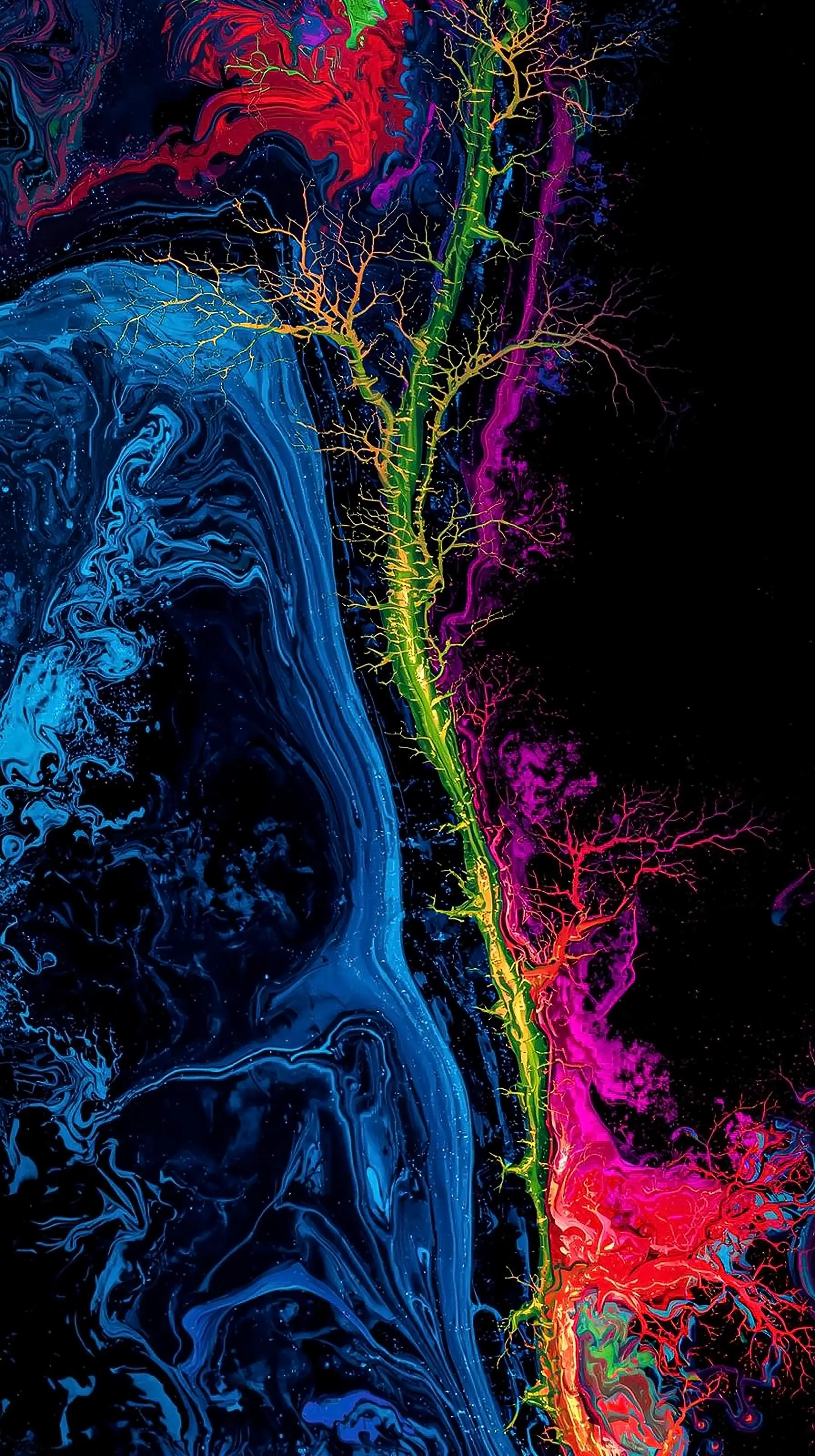 4k wallpaper for Neon Cyberpunk Circuit Lines Glow, Vibrant Rainbow Multicolor Wires and Tech Patterns on Black Futuristic Aesthetic