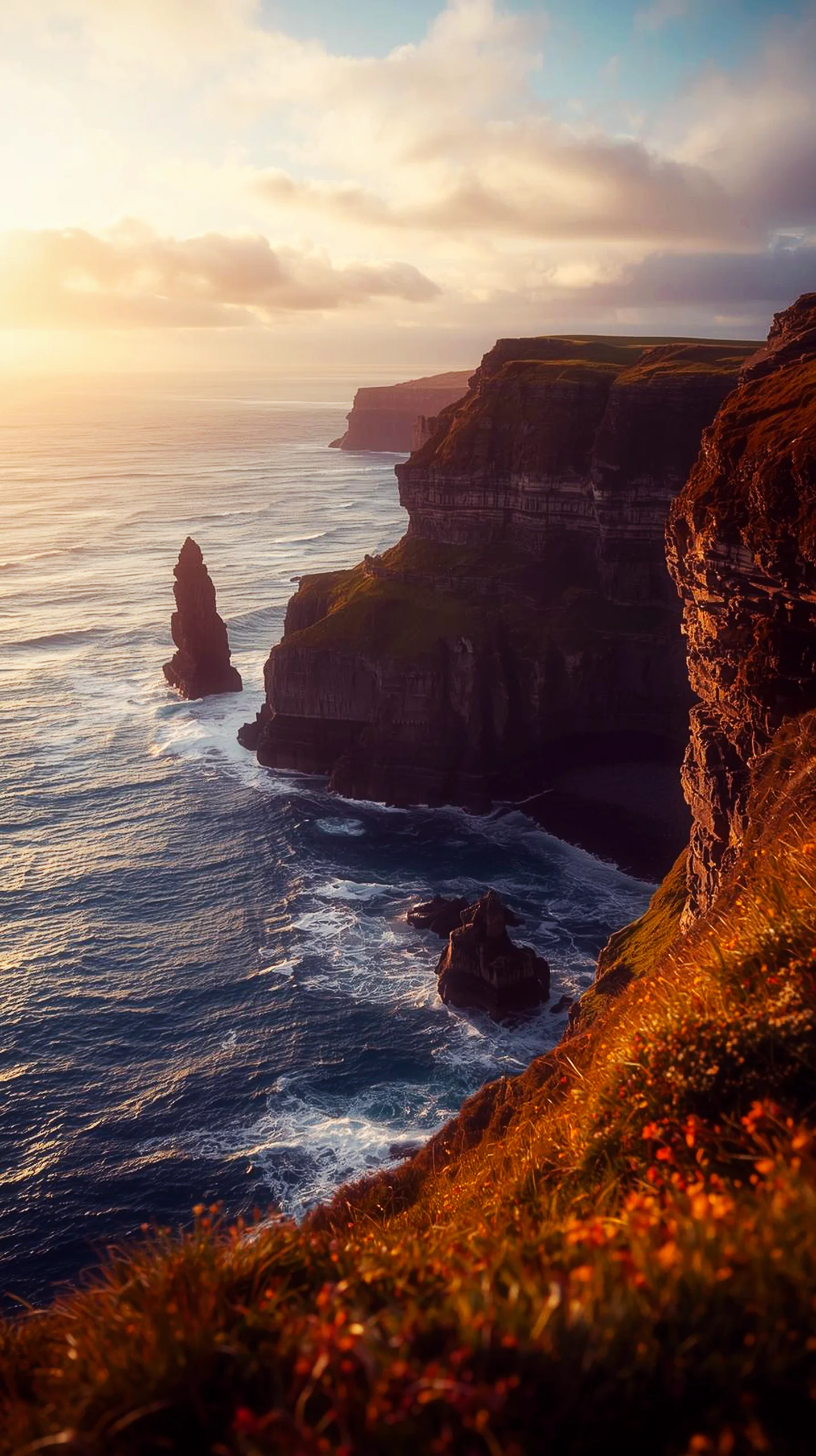 A stunning 4K mobile wallpaper of the Cliffs of Moher at sunset with dramatic coastal rocks and ocean waves.