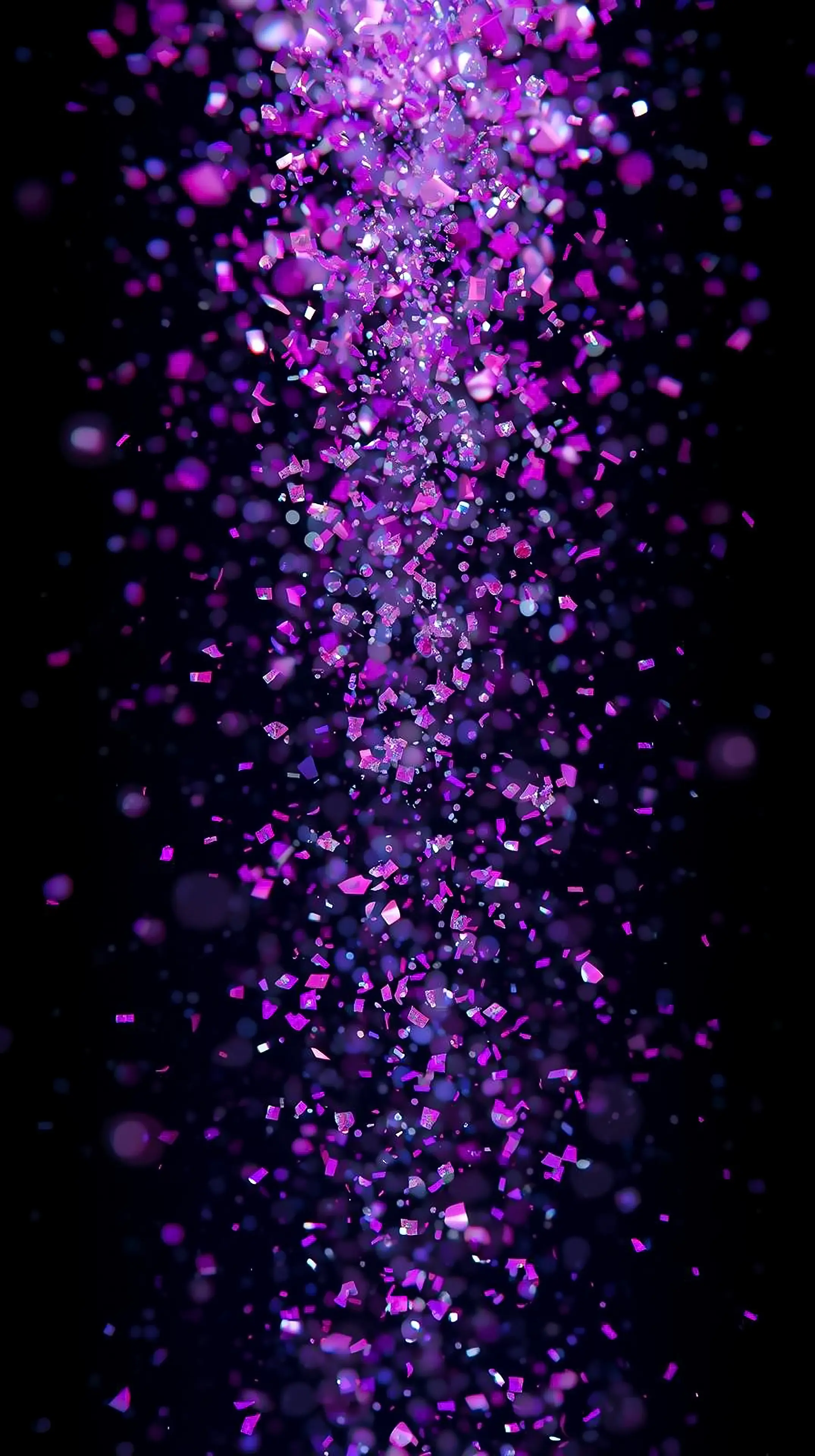 4k wallpaper for mobile Sparkling Purple Glitter Particle Explosion, Vibrant Magenta Pink Confetti Burst with Neon Glow on Black Background