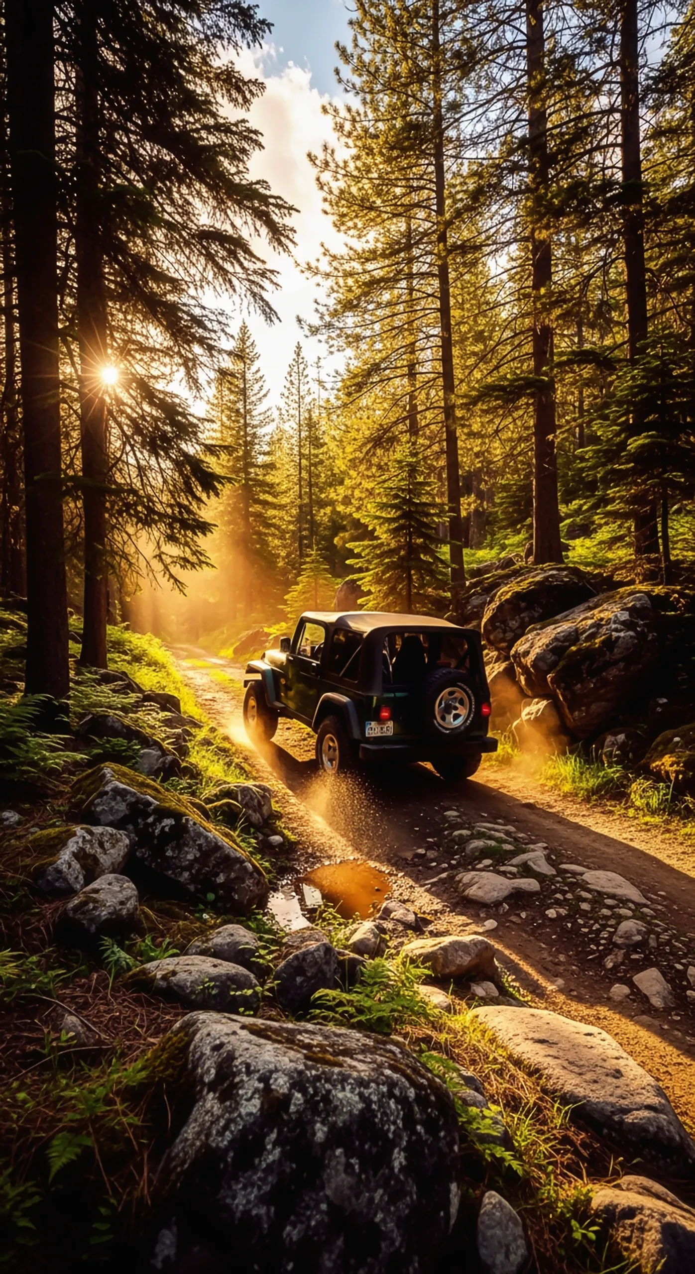 Off-road Jeep on a forest trail, dust kicking up, golden hour light. Car iPhone wallpaper 4K.
