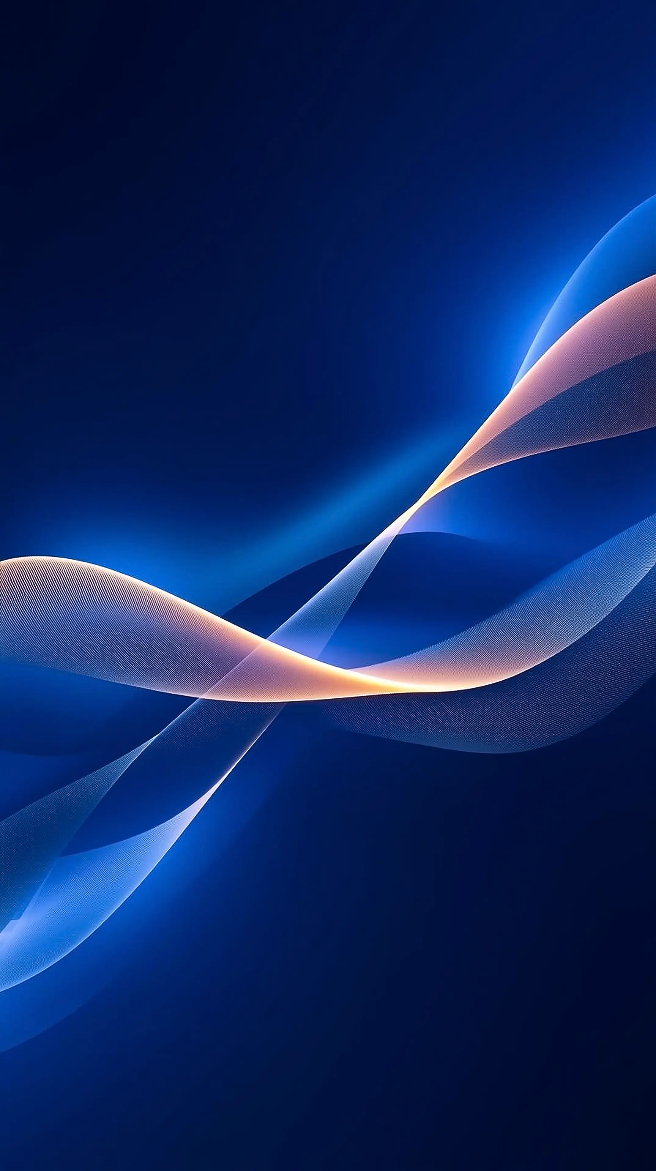 4k wallpaper for mobile Elegant Blue Ribbon Wave Flow, Smooth Glossy Cyan Gold Gradient Curves with Luminous Shine on Deep Navy Background