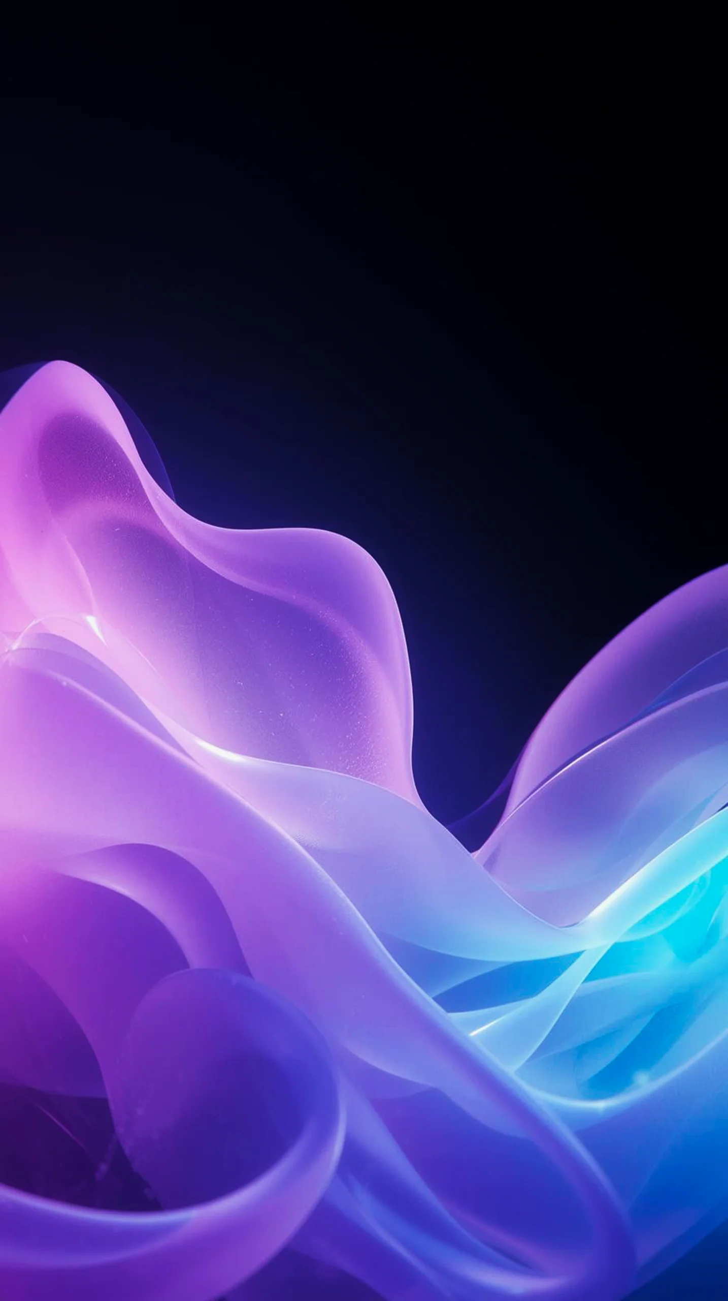 Abstract flowing purple and blue silk waves on a deep black background for an AMOLED mobile screen.