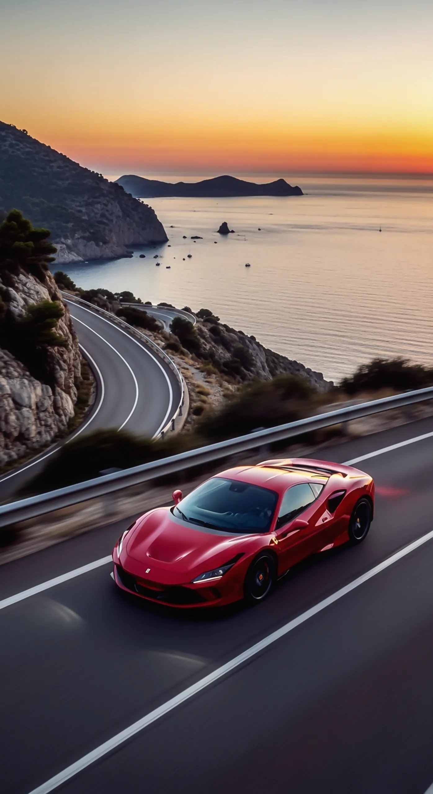 Red sports car driving on a winding coastal road at sunset. Car iPhone wallpaper 4k for mobile.