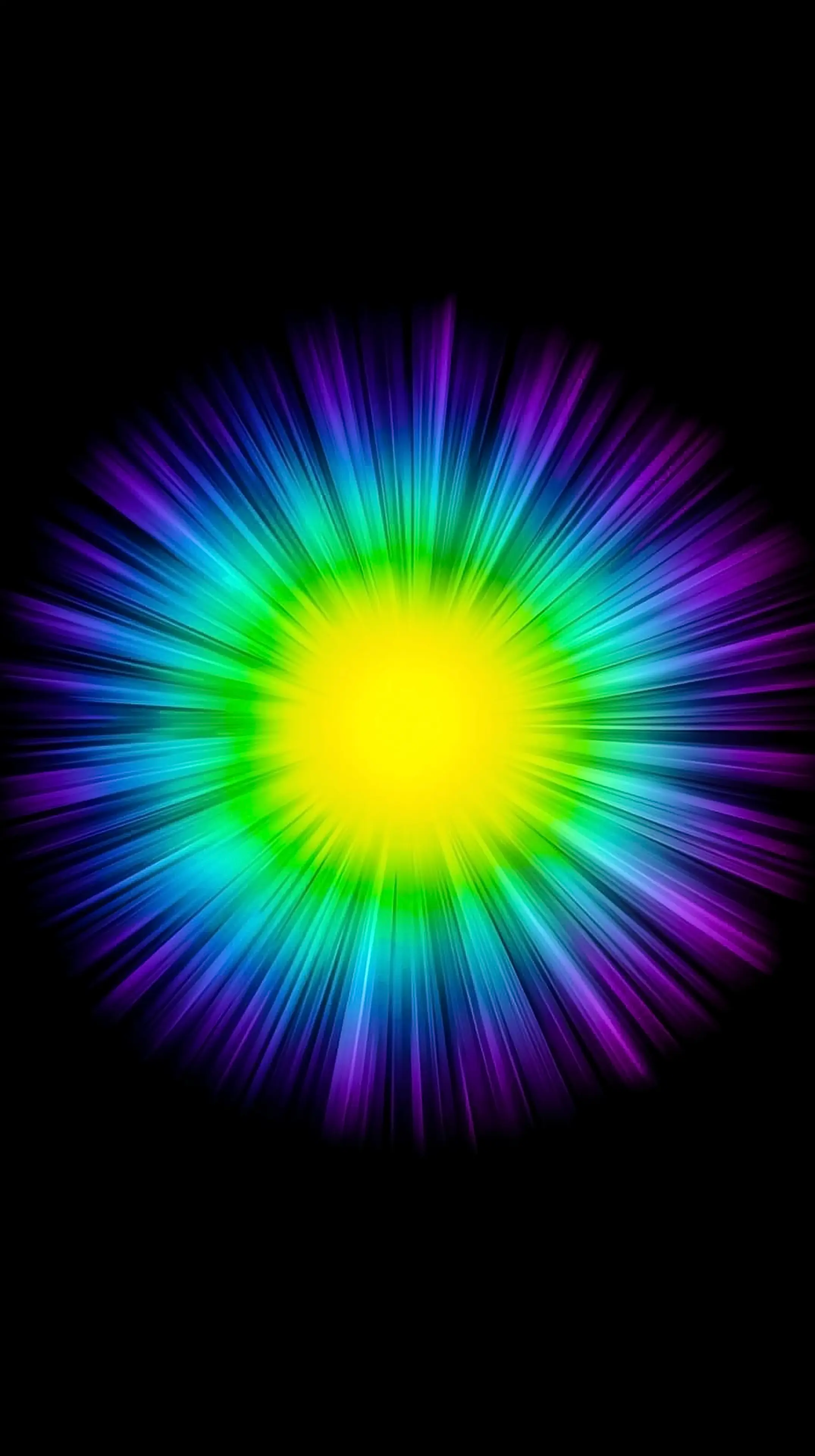 4k wallpaper for mobile Radiant Multicolor Burst Explosion, Vibrant Rainbow Psychedelic Sun Rays with Neon Yellow Core on Black Background Aesthetic