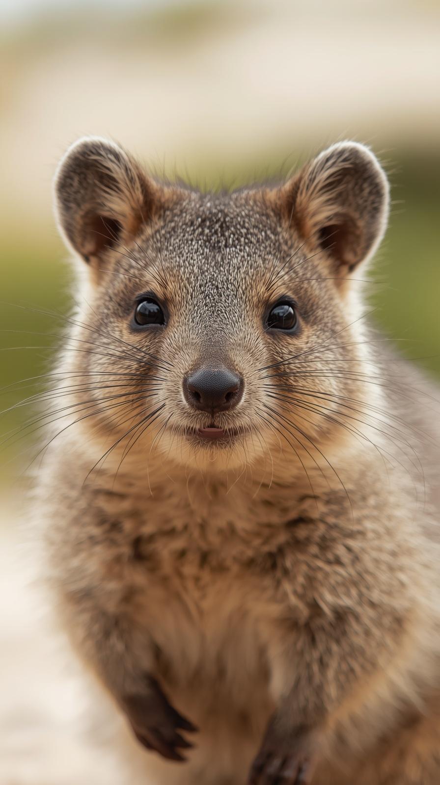 Close-up of a happy Quokka with soft fur and curious eyes.