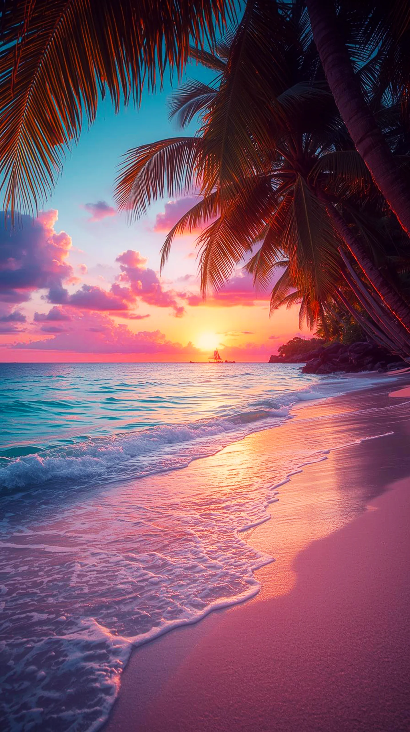 Tropical sunset beach with palm trees, waves, and pink sand. iPhone wallpaper 4K, 4K wallpaper for mobile, wallpaper