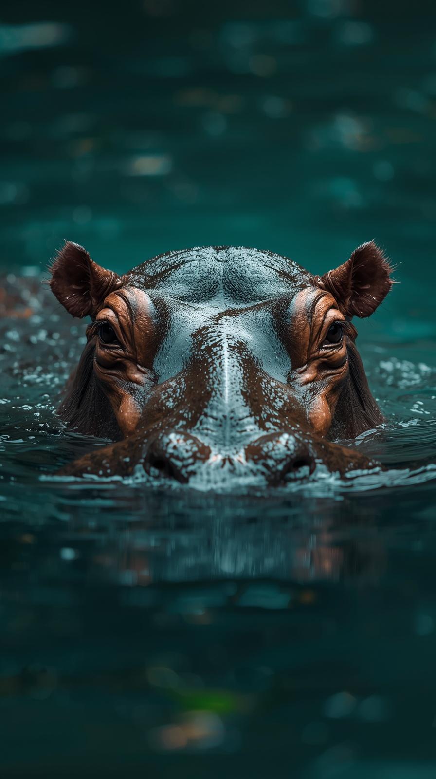 Close-up of a majestic hippopotamus submerged in dark teal water with an intense gaze.
