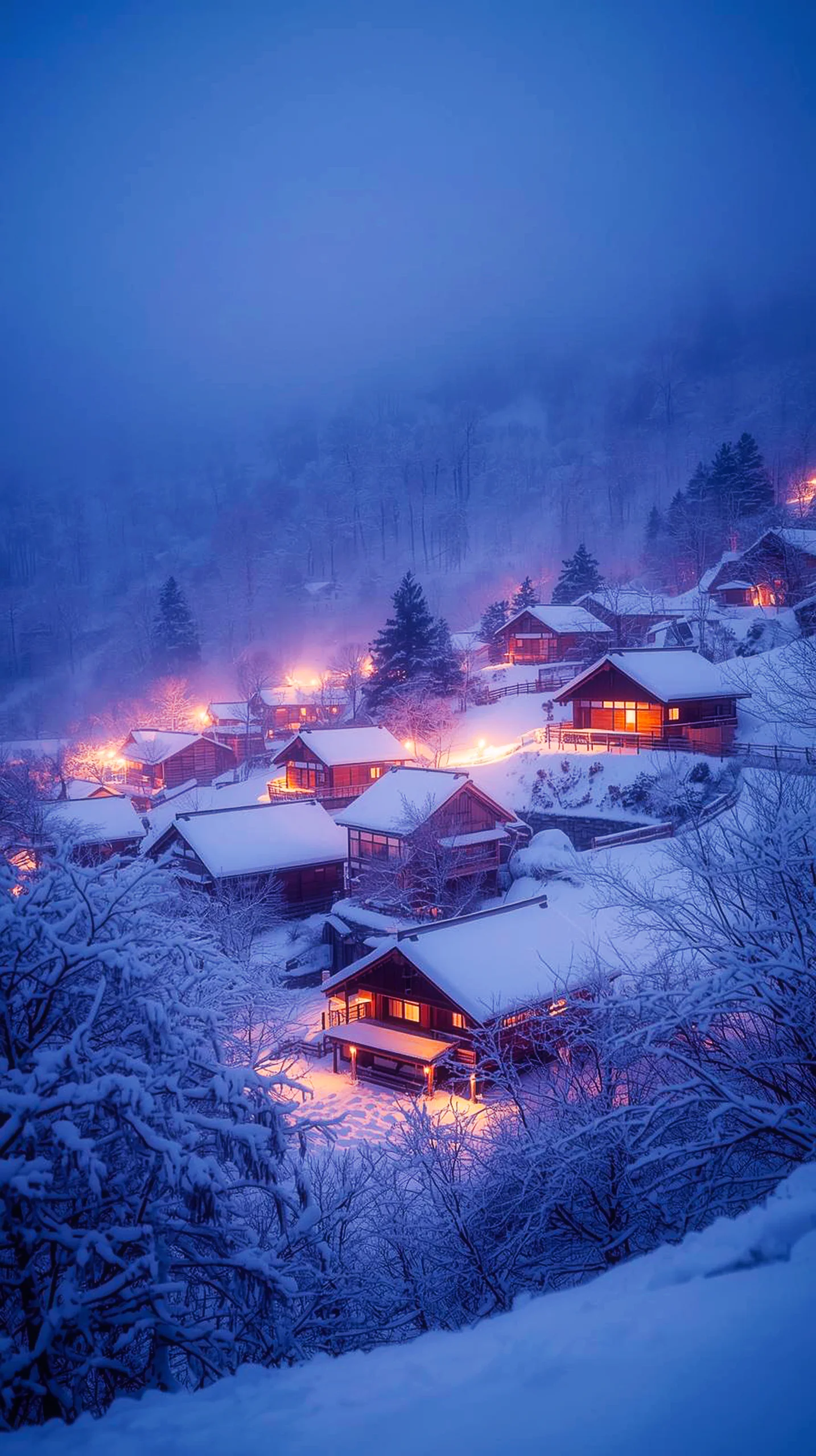 Snowy Winter Village 4K Mobile Wallpaper: A Cozy Night Scene