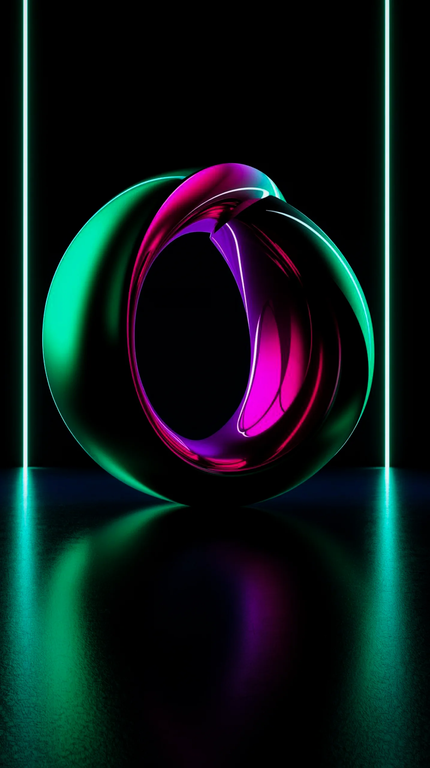 A dark AMOLED wallpaper featuring a glowing abstract torus in neon green and magenta, with vertical light bars.