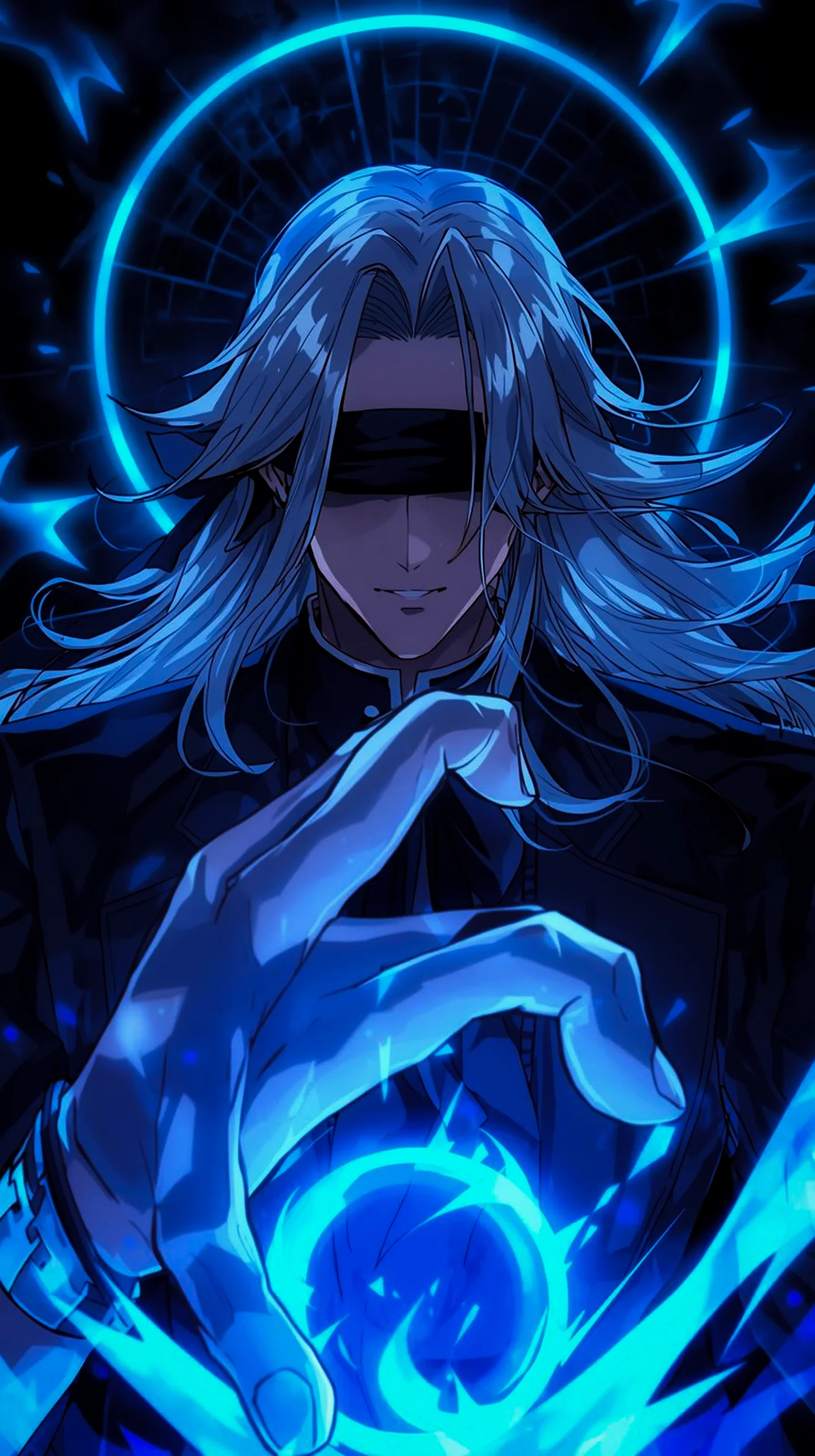 blindfolded anime mage with blue energy wallpaper for iPhone 4K