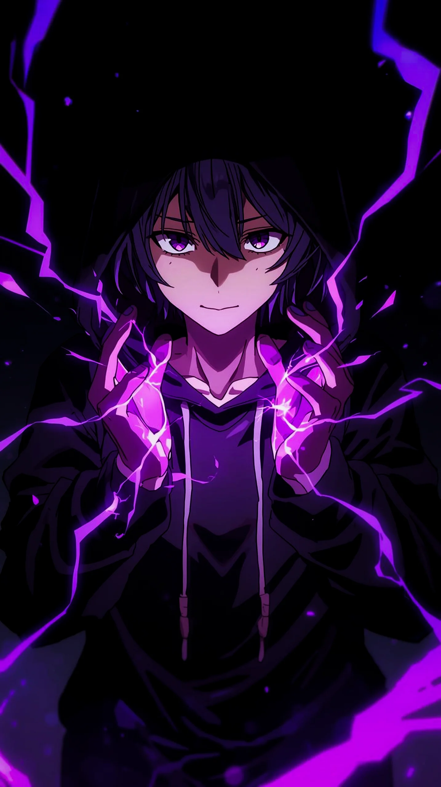 mysterious anime boy with purple magic wallpaper for phone 4K