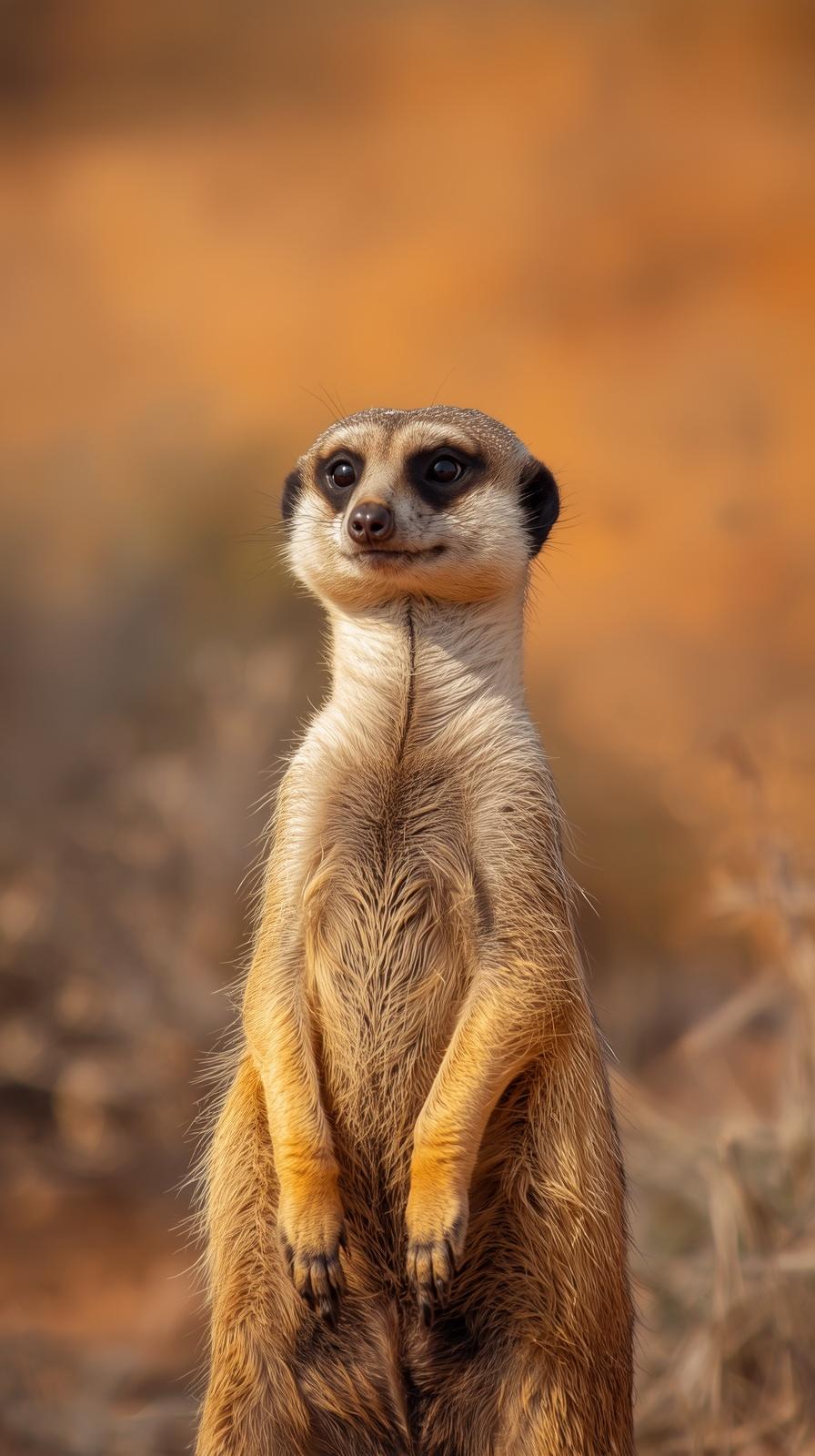 Alert meerkat standing in a warm, desert-like environment.