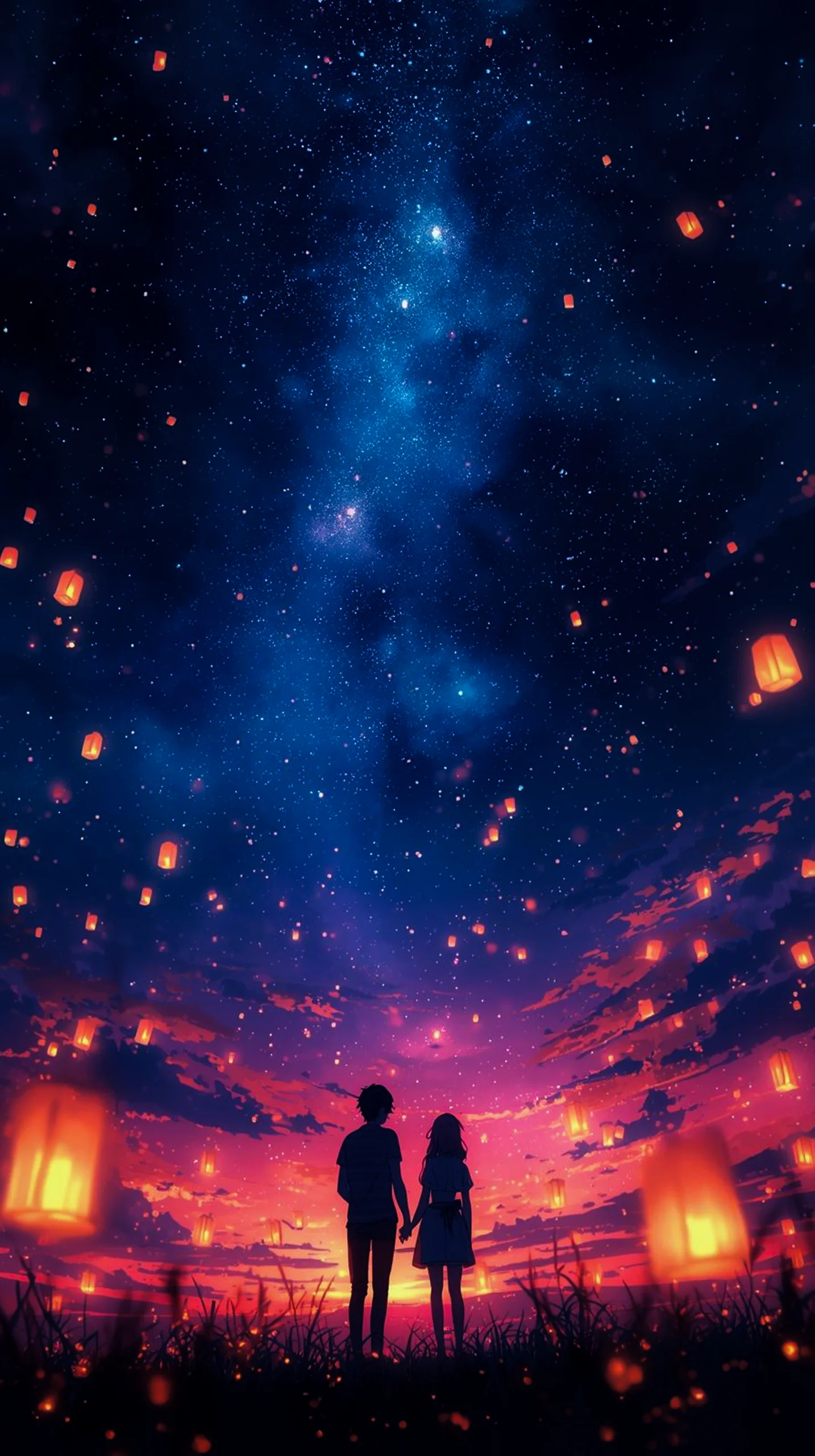 romantic couple under glowing lanterns wallpaper for iPhone 4K