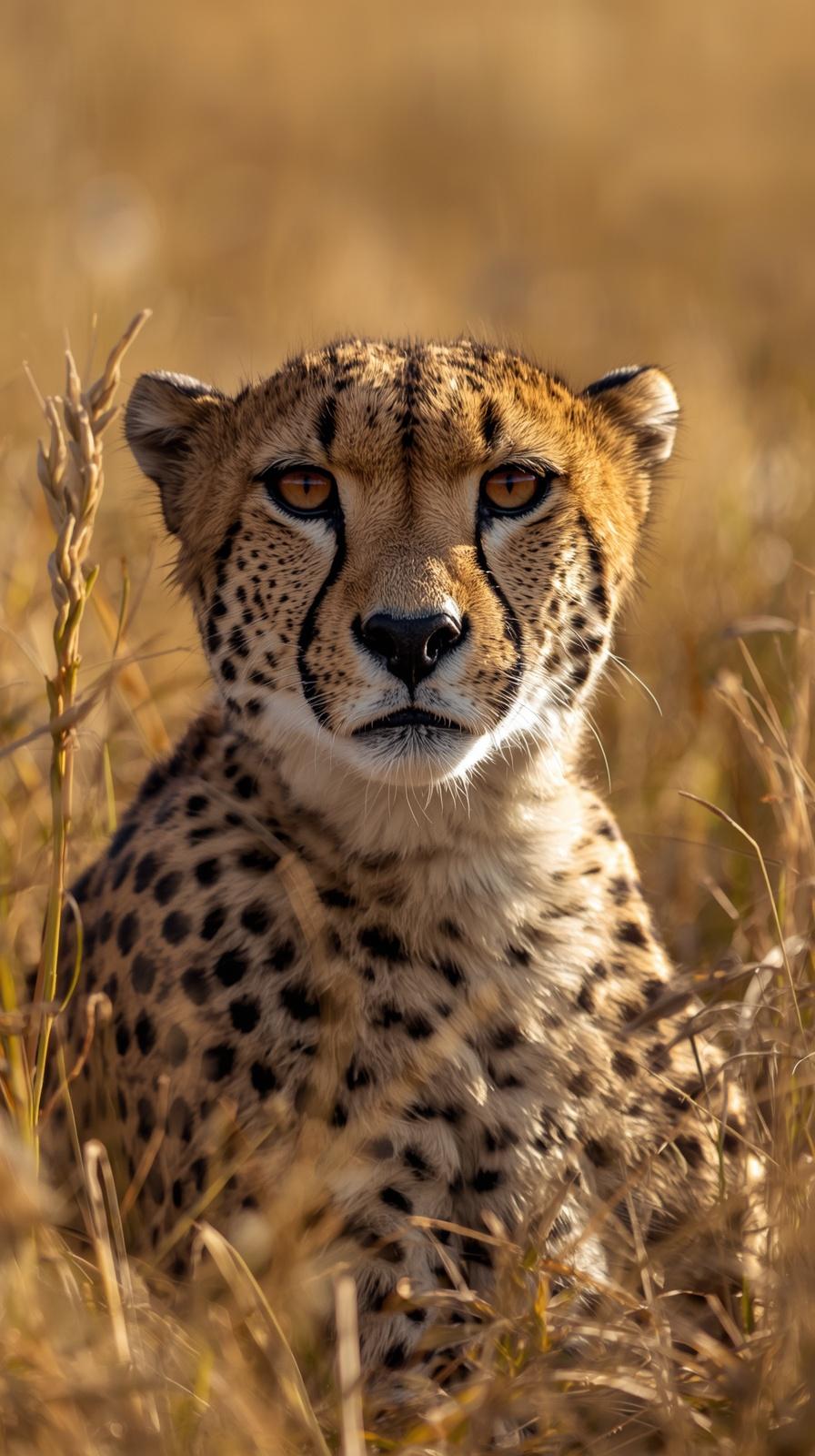 Close up portrait of a majestic cheetah staring intensely in the golden African grass.