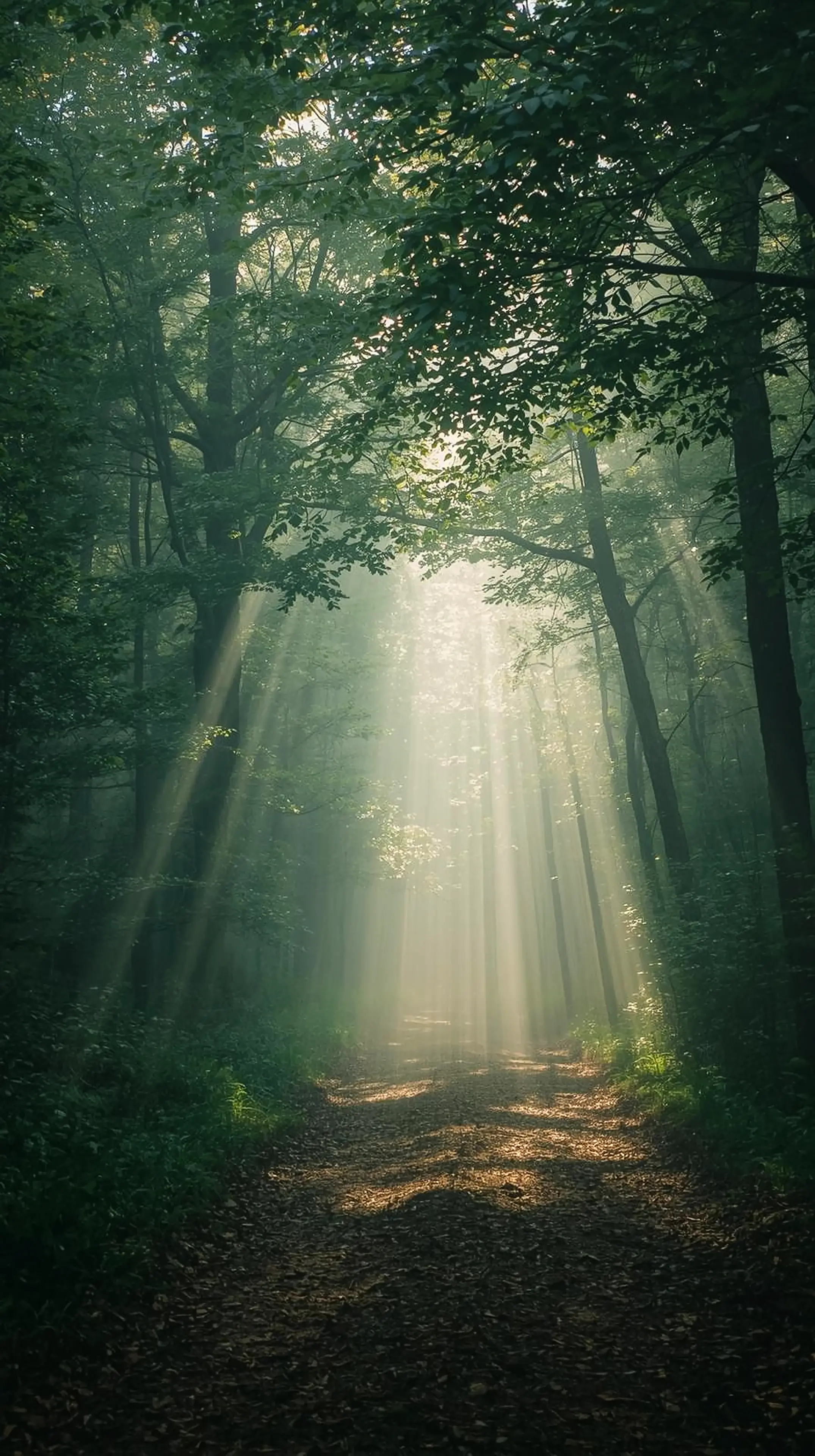 4k wallpaper for mobile Mystical Forest Sunbeams Path, Enchanted Green Woodland Trail with Golden Morning Light Rays & F