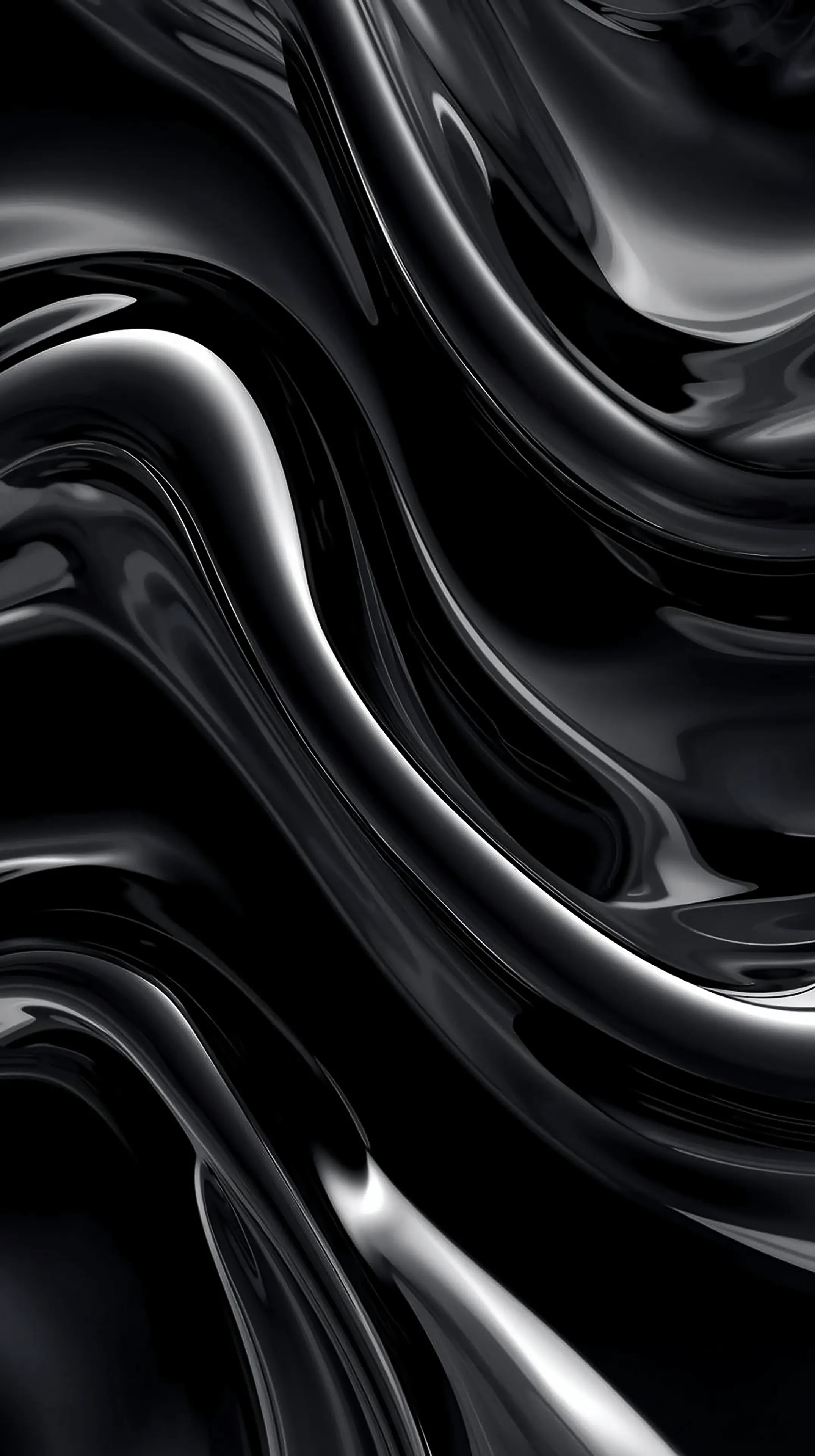 4k wallpaper for mobile Glossy Black Liquid Metal Waves, Sleek Abstract Fluid Swirls with Mirror Shine and Deep Onyx Ref