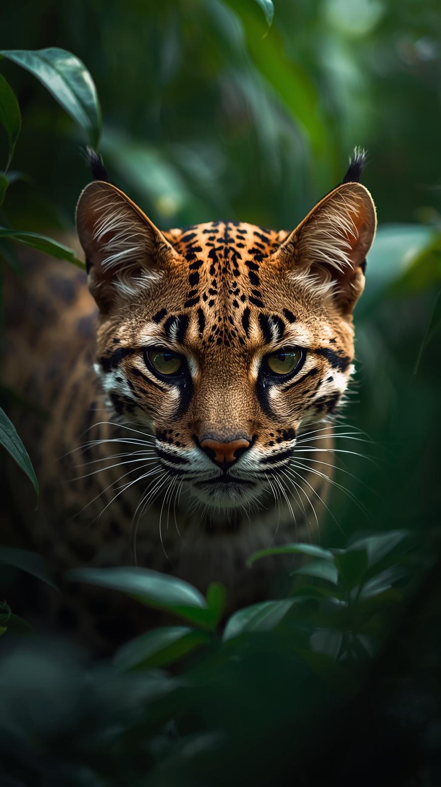 A wild ocelot with intense eyes peering through dense green jungle leaves.