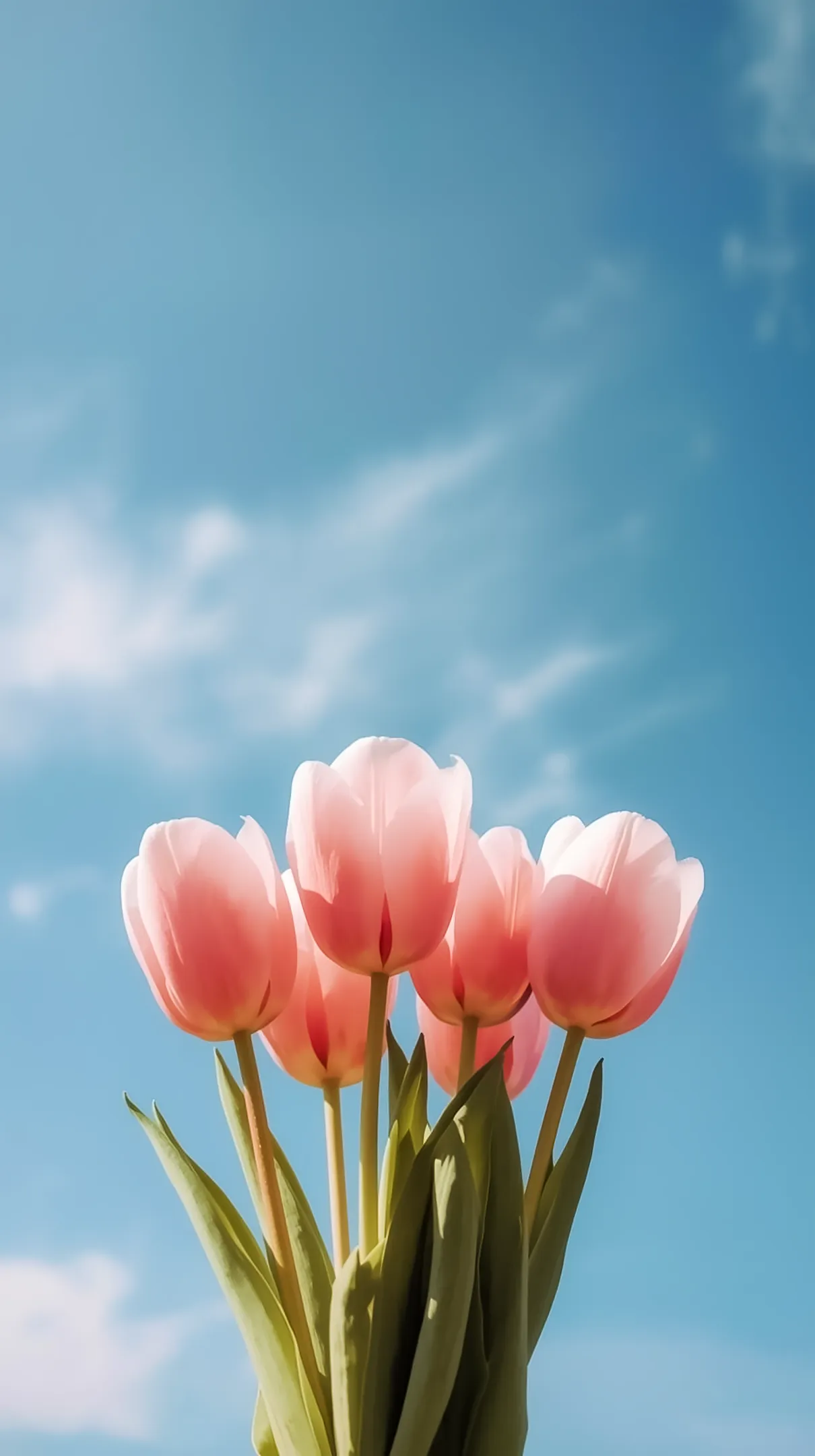 Pink tulips under a blue sky, ideal flower background for iphone, flower phone background, and flower phone wallpaper.