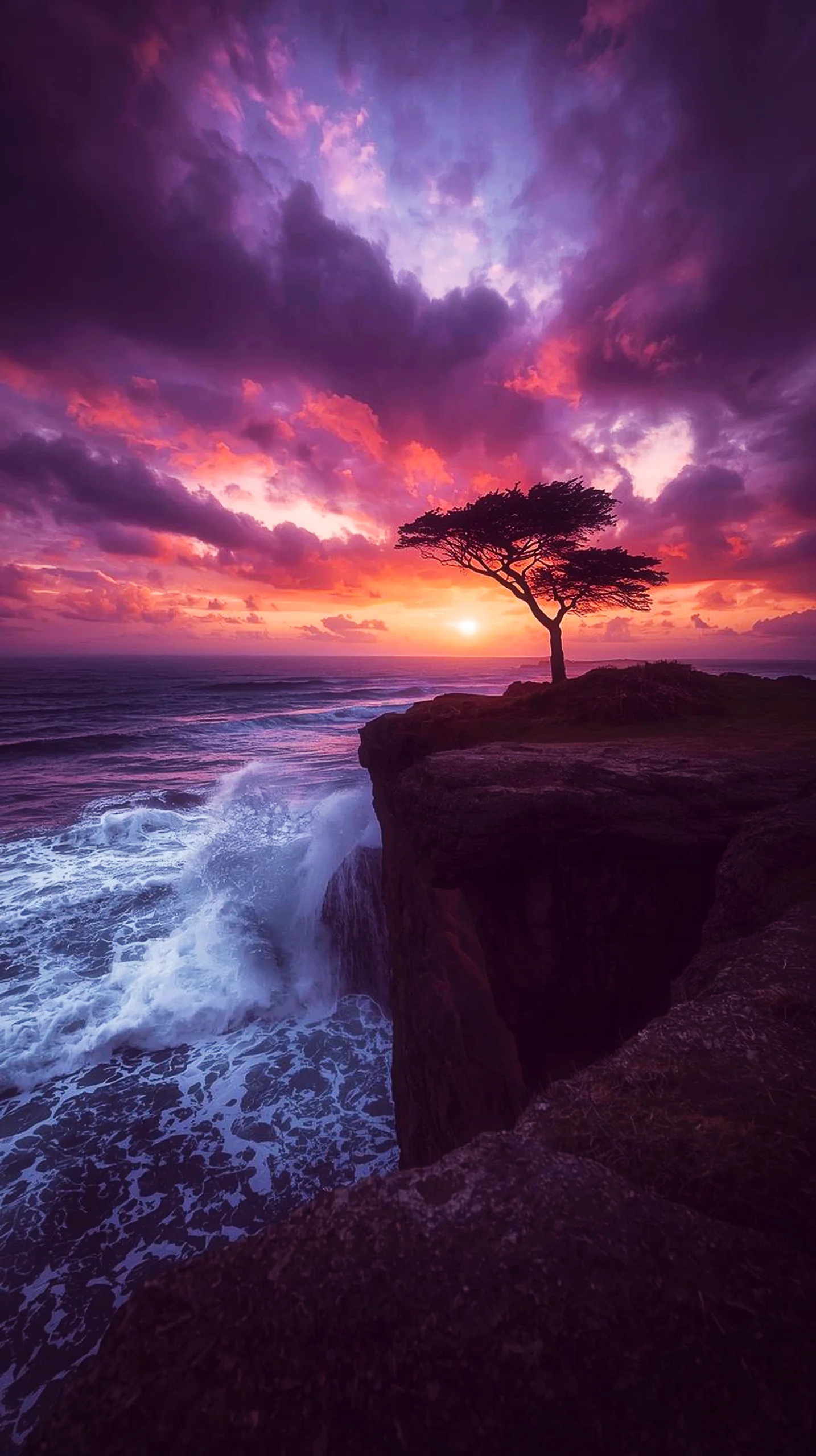 Purple sunset cliff iphone wallpaper 4k with lone tree and waves. Great 4k wallpaper for mobile, wallpaper for phone,