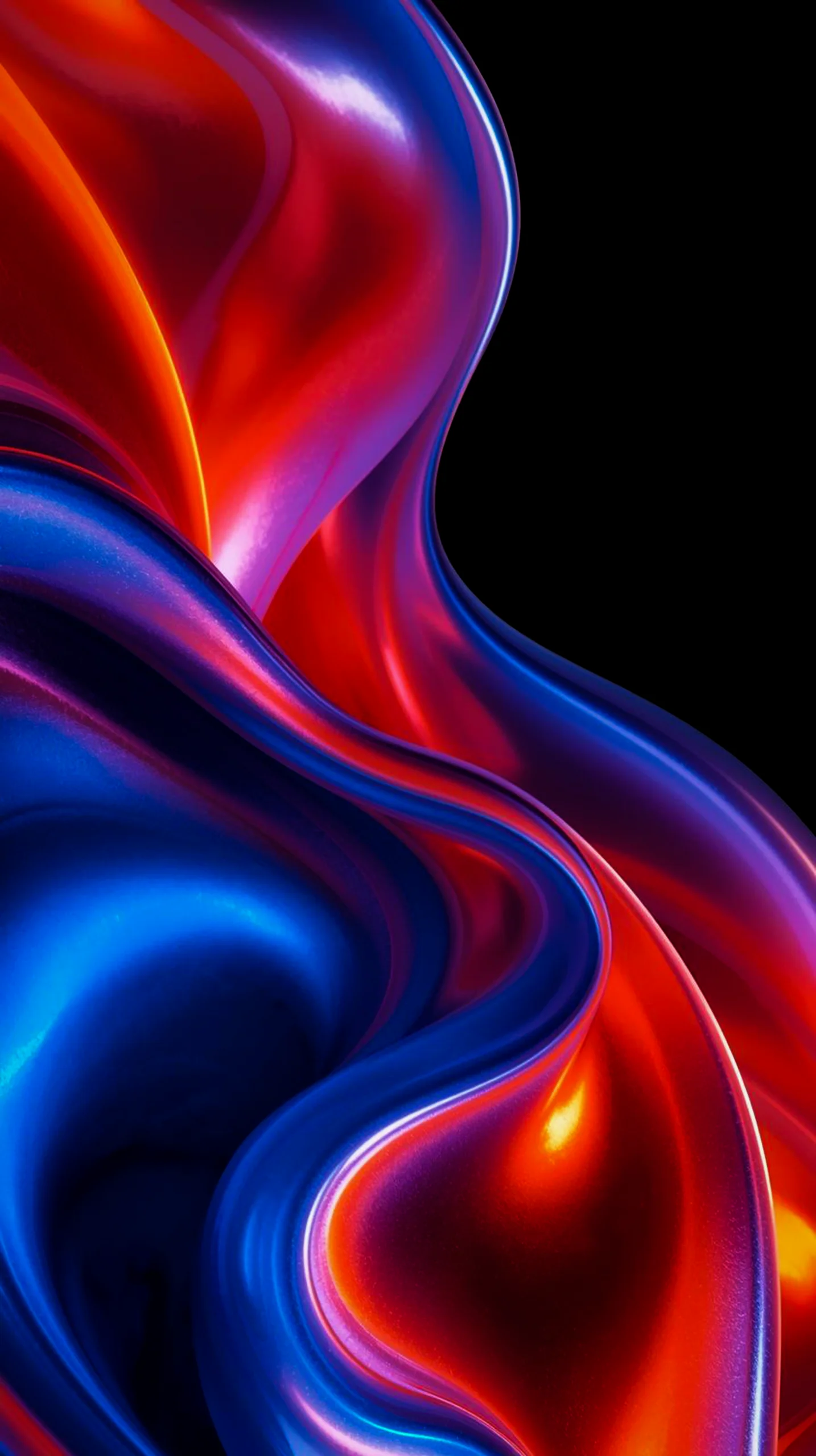 A dark mobile wallpaper with swirling abstract patterns of vibrant red and electric blue, resembling liquid metal.