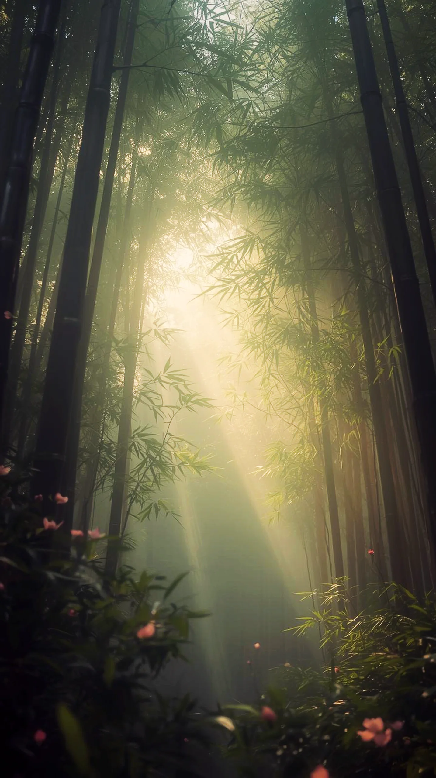 4K iPhone wallpaper of a mystical bamboo forest with sunbeams filtering through the trees. Ideal 4K backgrounds for