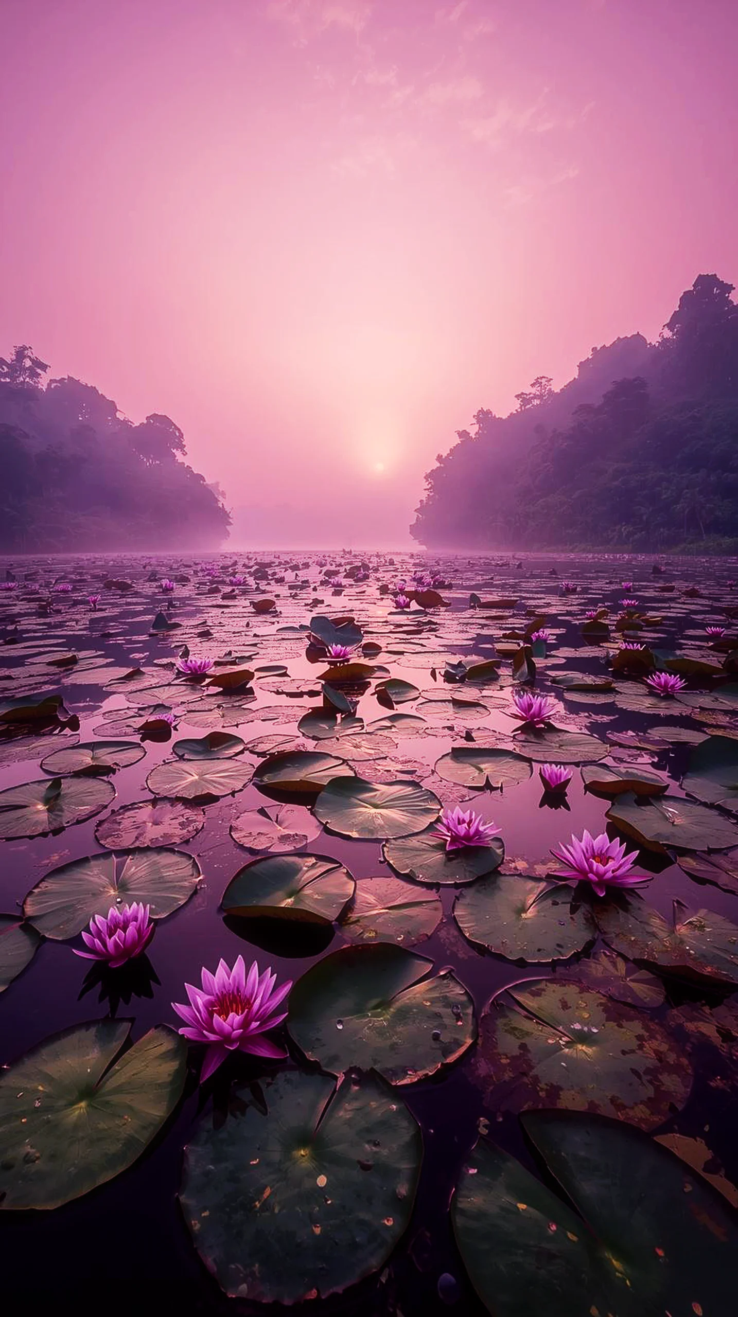 Pink lotus flowers on a tranquil pond at sunrise, ideal as an iPhone wallpaper 4k, 4k wallpaper for mobile, wallpaper