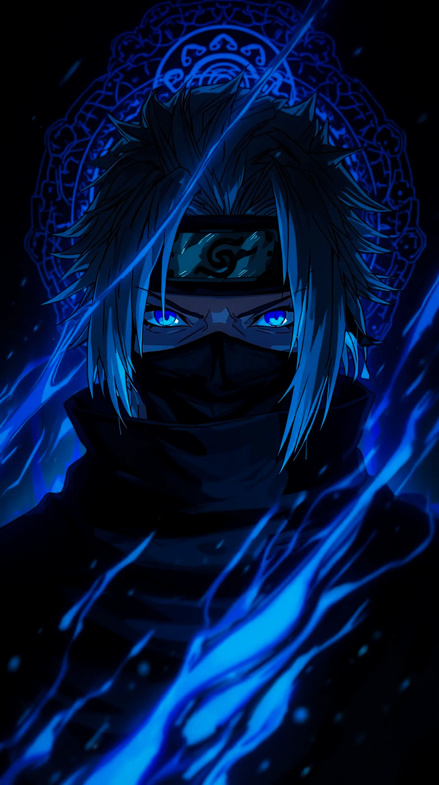 glowing blue anime ninja wallpaper for iPhone Android 4K