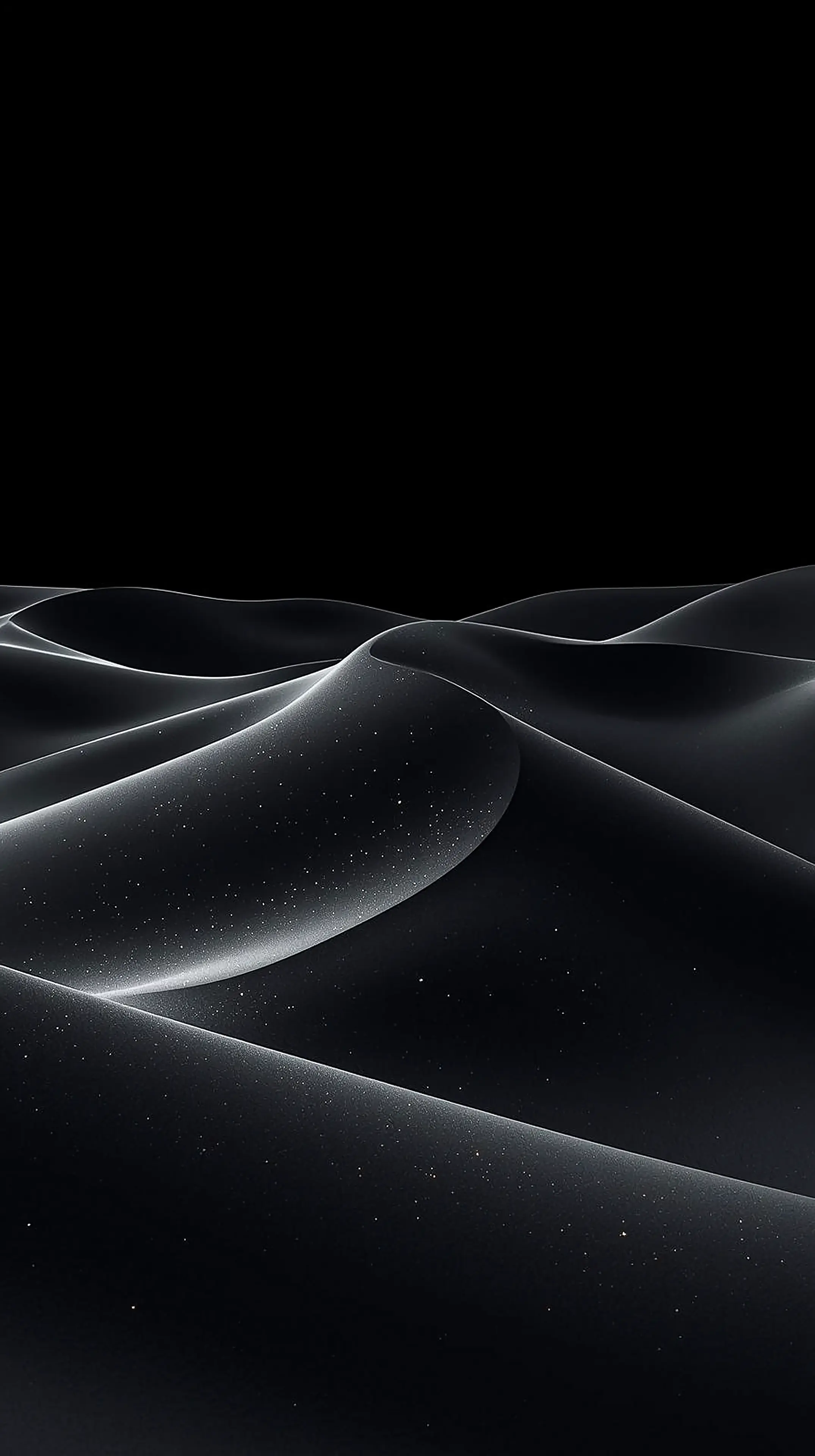 4k wallpaper for mobile Minimalist Black Sand Dunes at Night, Smooth Glossy Wavy Desert Landscape with Subtle Sparkles A