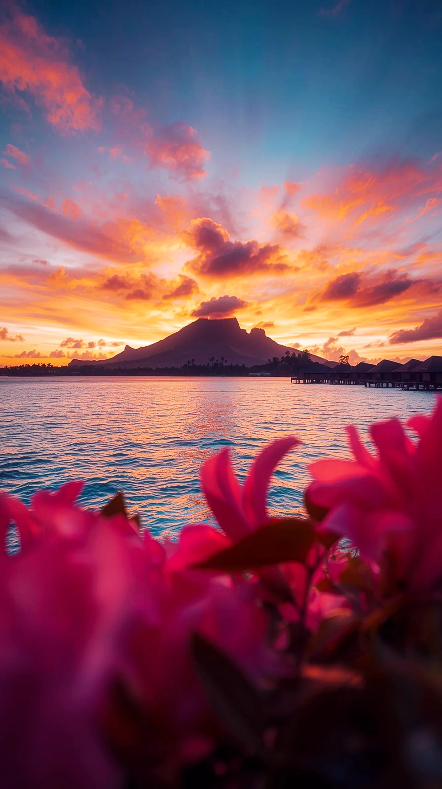 A vibrant tropical sunset over an island with pink flowers in the foreground for mobile wallpaper.