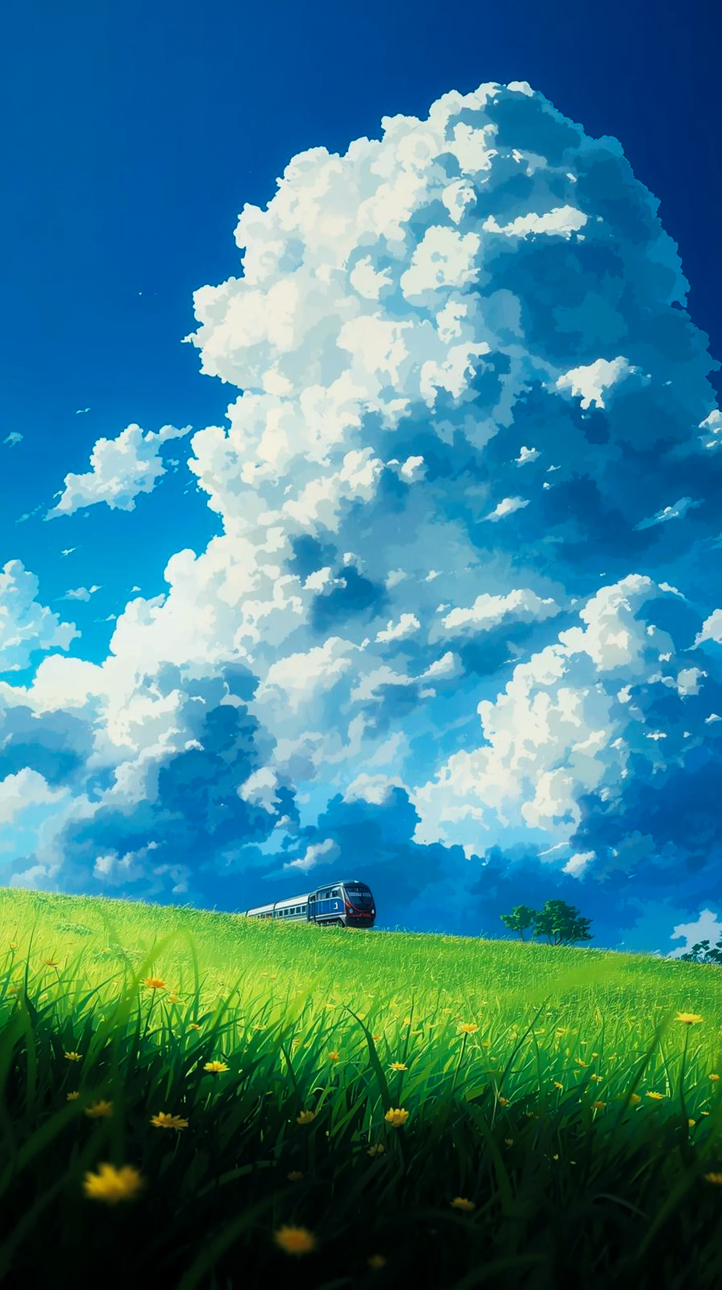 vibrant anime train in green field wallpaper for iPhone 4K