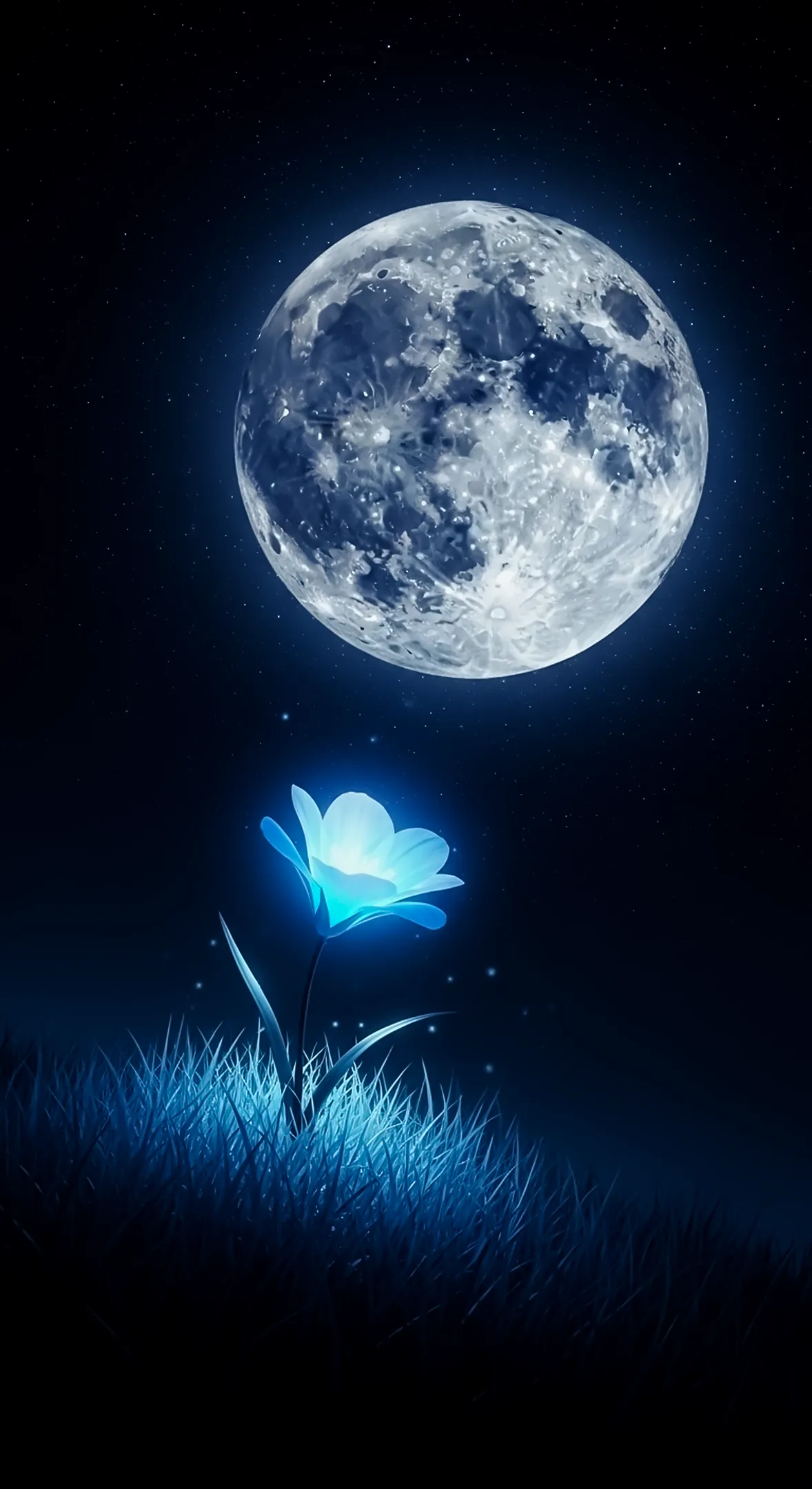 Glowing Blue Flower Phone Wallpaper and Full Moon Night Scene - Beautiful Flower Background for iPhone and Aesthetic Flower Phone Background