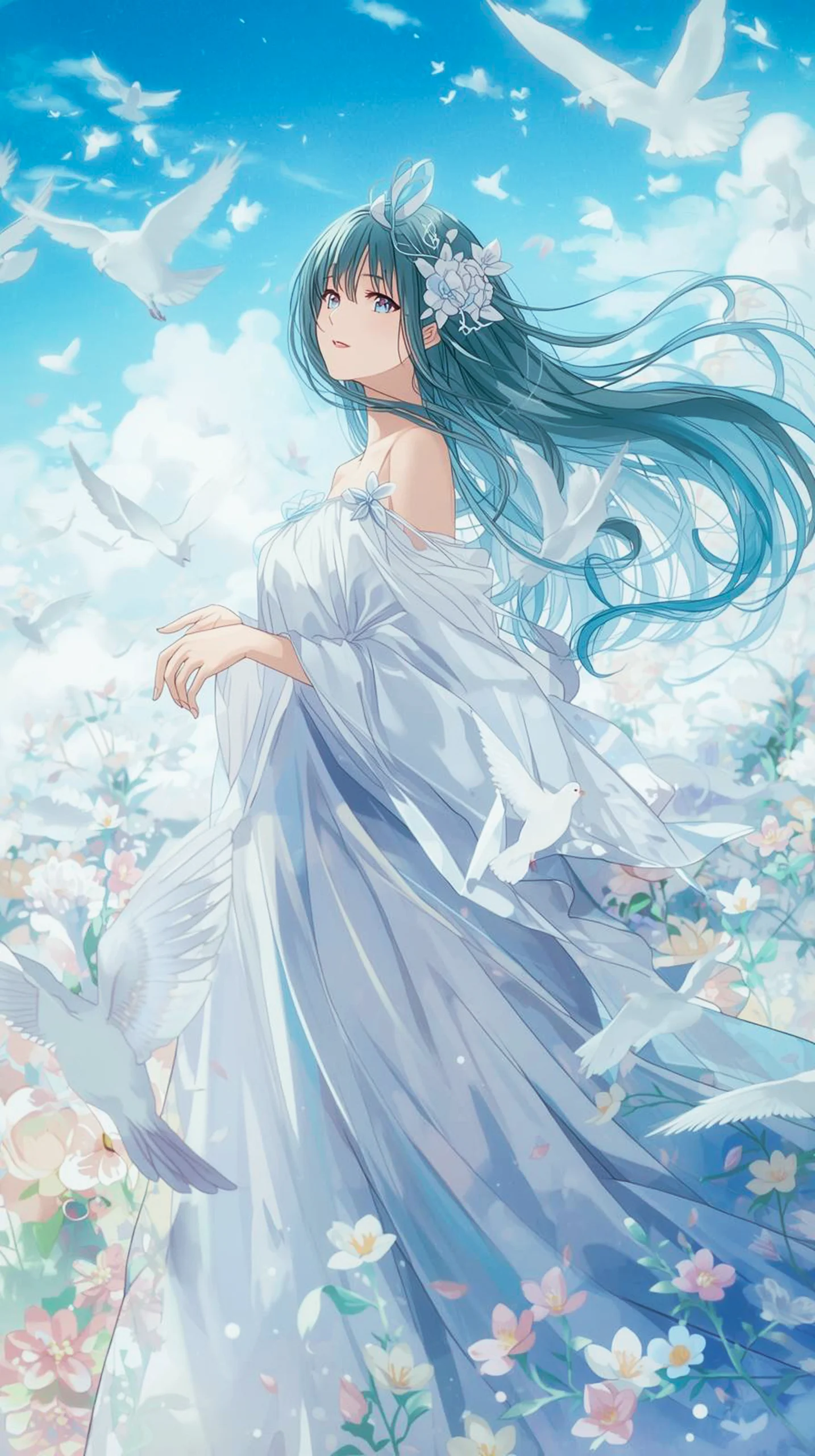Anime girl with blue hair in a white dress surrounded by doves and flowers, perfect for iPhone wallpaper 4k and Android