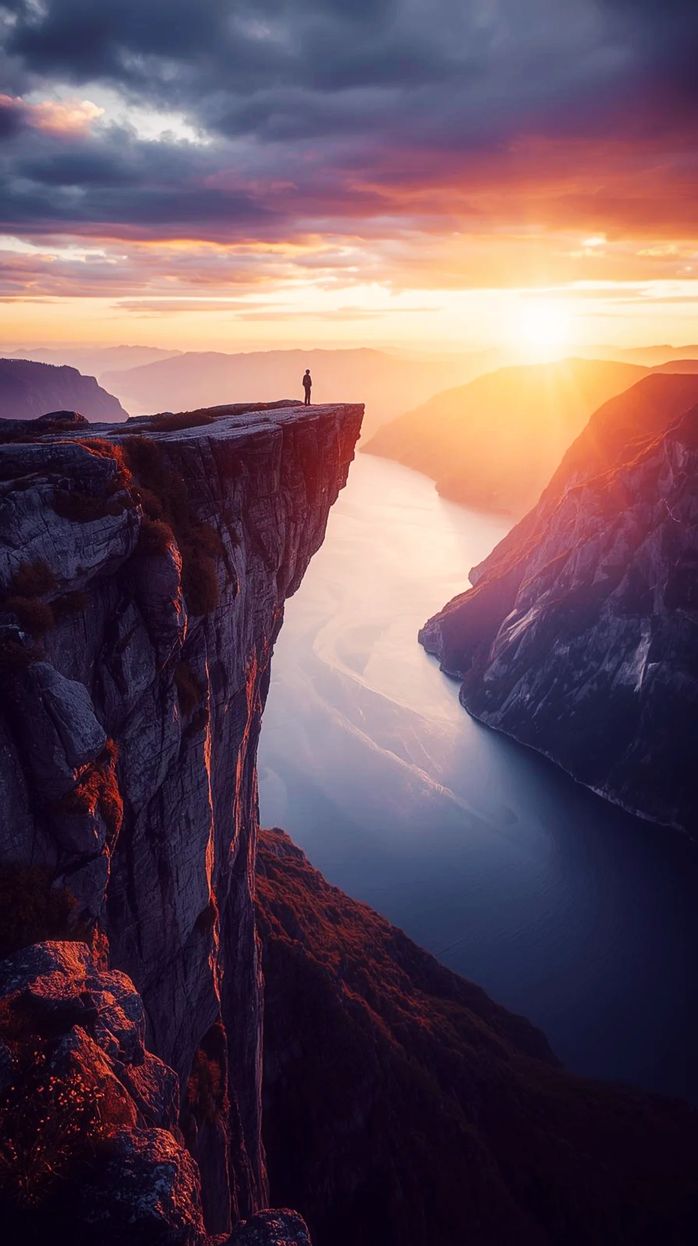 Person on cliff edge sunset iphone wallpaper 4k, 4k wallpaper for mobile, wallpaper for phone, 4k backgrounds iphone