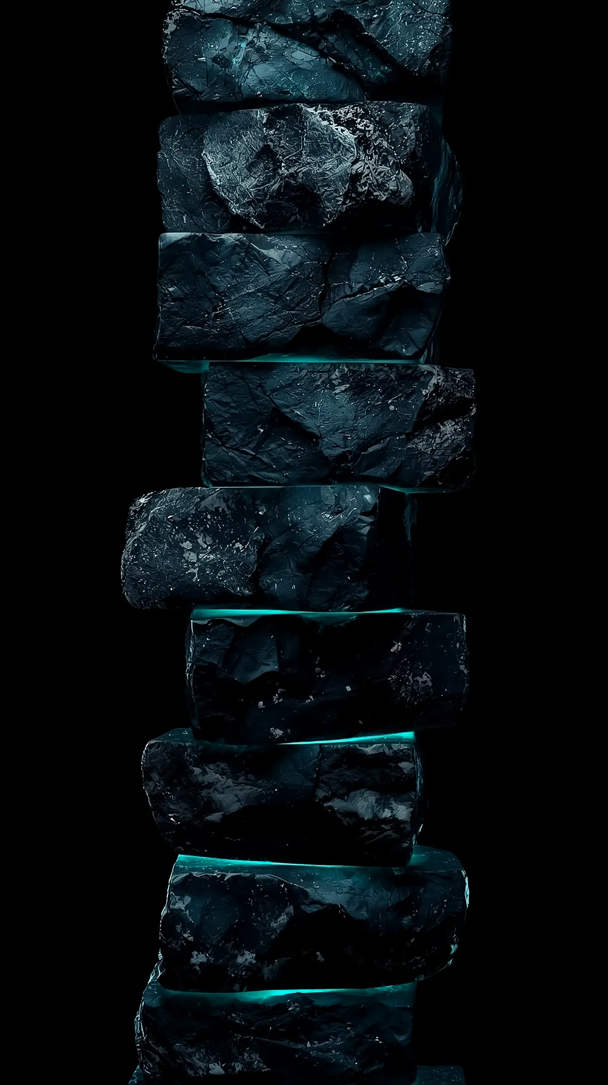 Dark rocks with glowing teal lines, amoled wallpaper 4k for mobile, iphone wallpaper 4k, 4k backgrounds iphone,