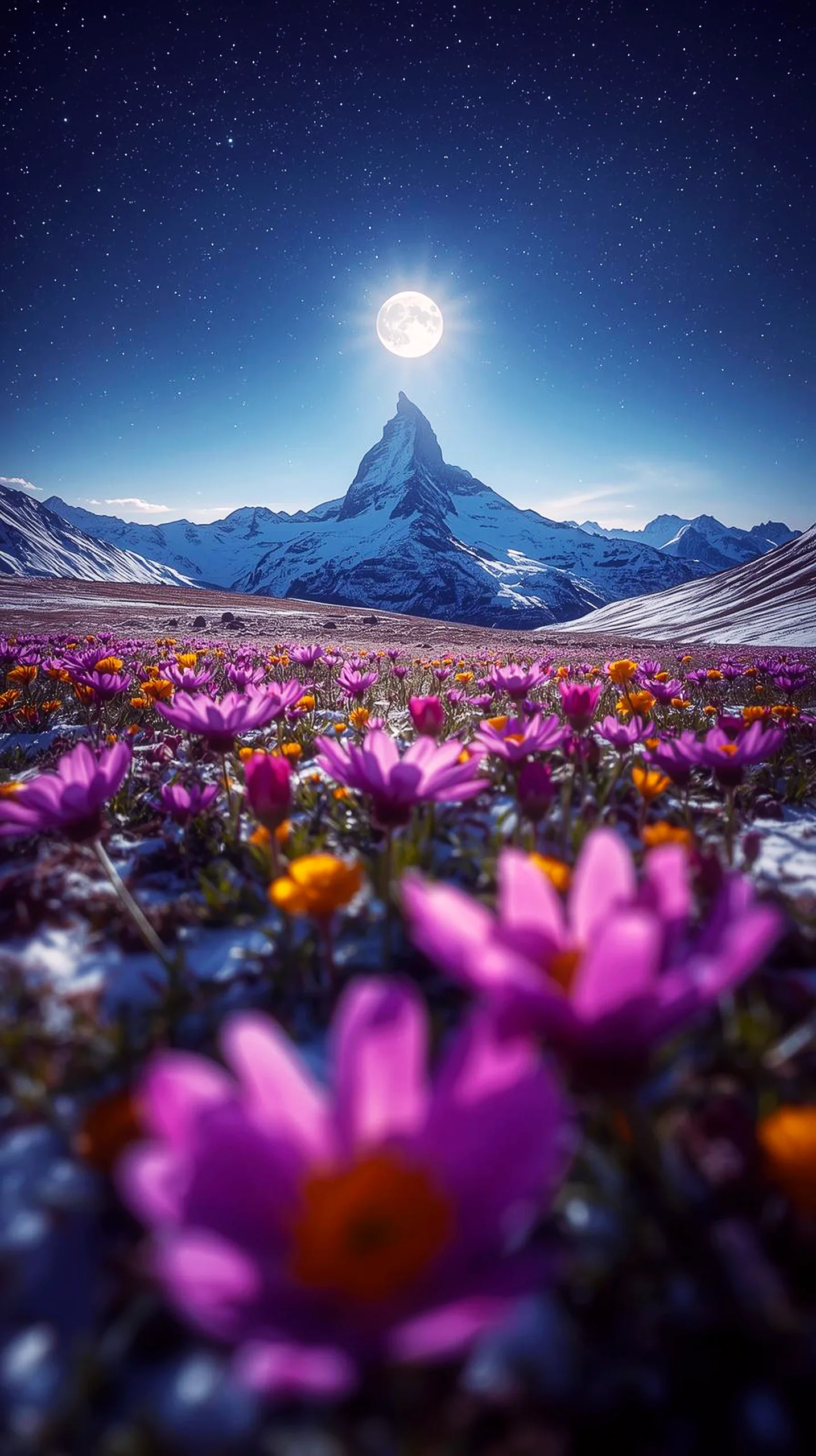 A moonlit mountain peak over a flower field. This iphone wallpaper 4k is a cute 4k wallpaper for iphone background.