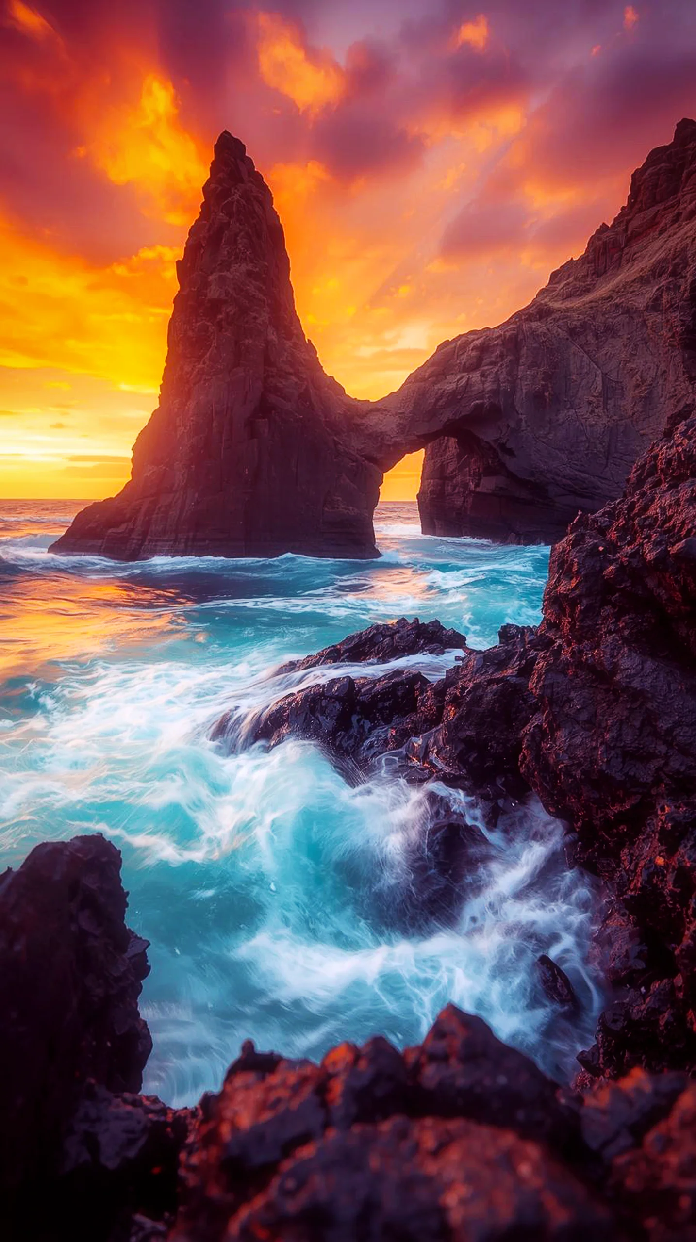 4K iPhone wallpaper of a dramatic sunset over a sea arch with crashing waves. 4K backgrounds for mobile and phone, cute