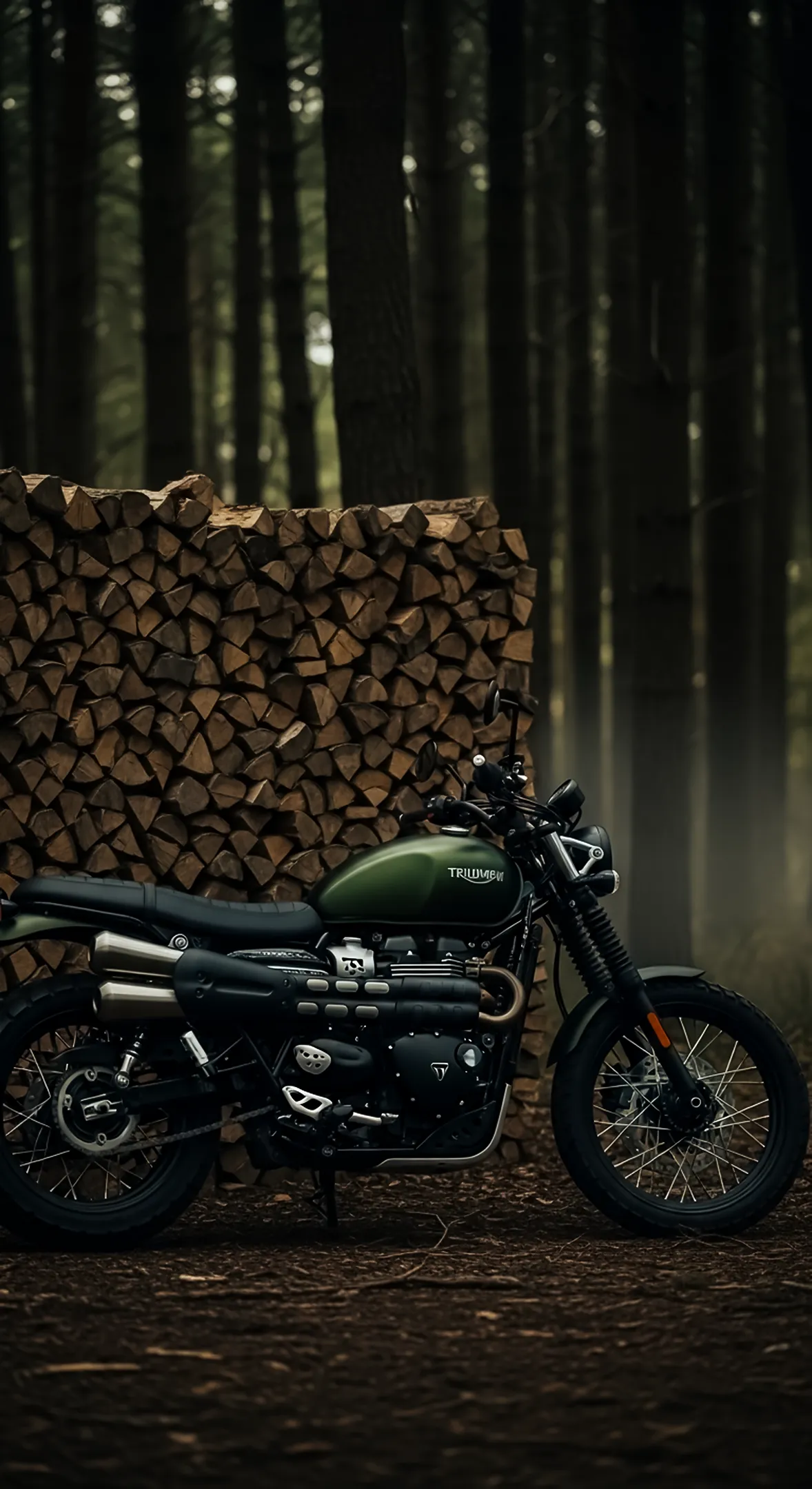 4k wallpaper for mobile: Triumph motorcycle in a forest, 4k backgrounds iphone, phone wallpaper, iphone wallpaper 4k