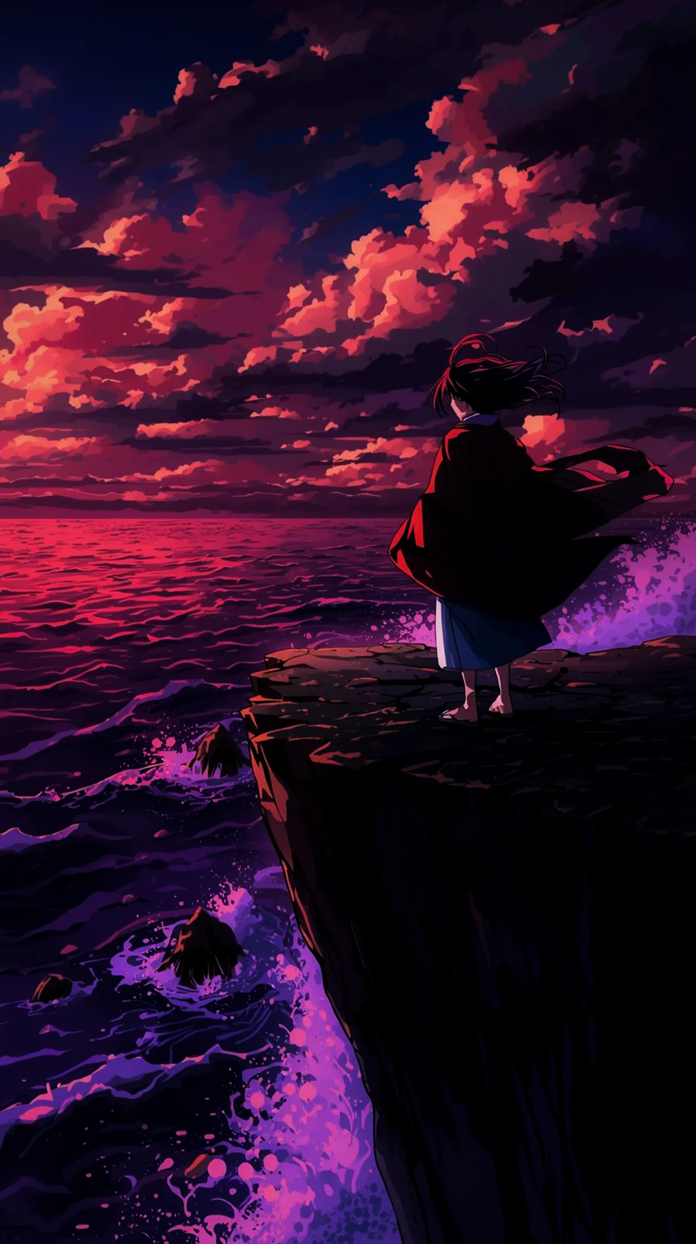atmospheric anime girl ocean cliff wallpaper for phone 4K
