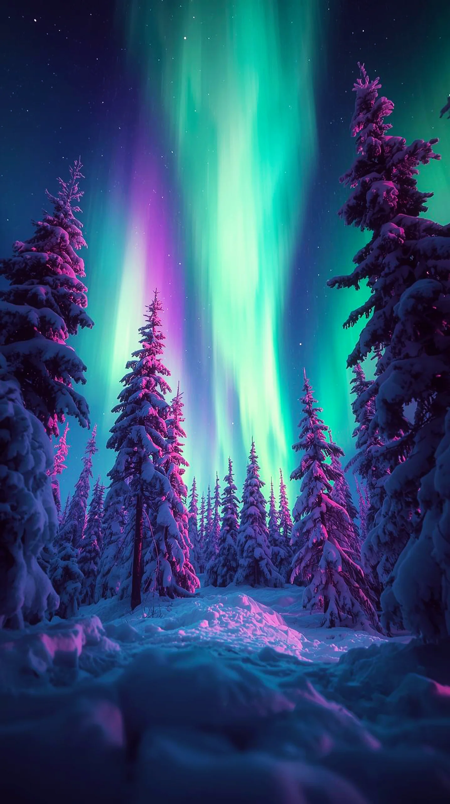 Aurora winter forest iPhone wallpaper 4K, a cute 4K background for mobile phone with purple and green lights.