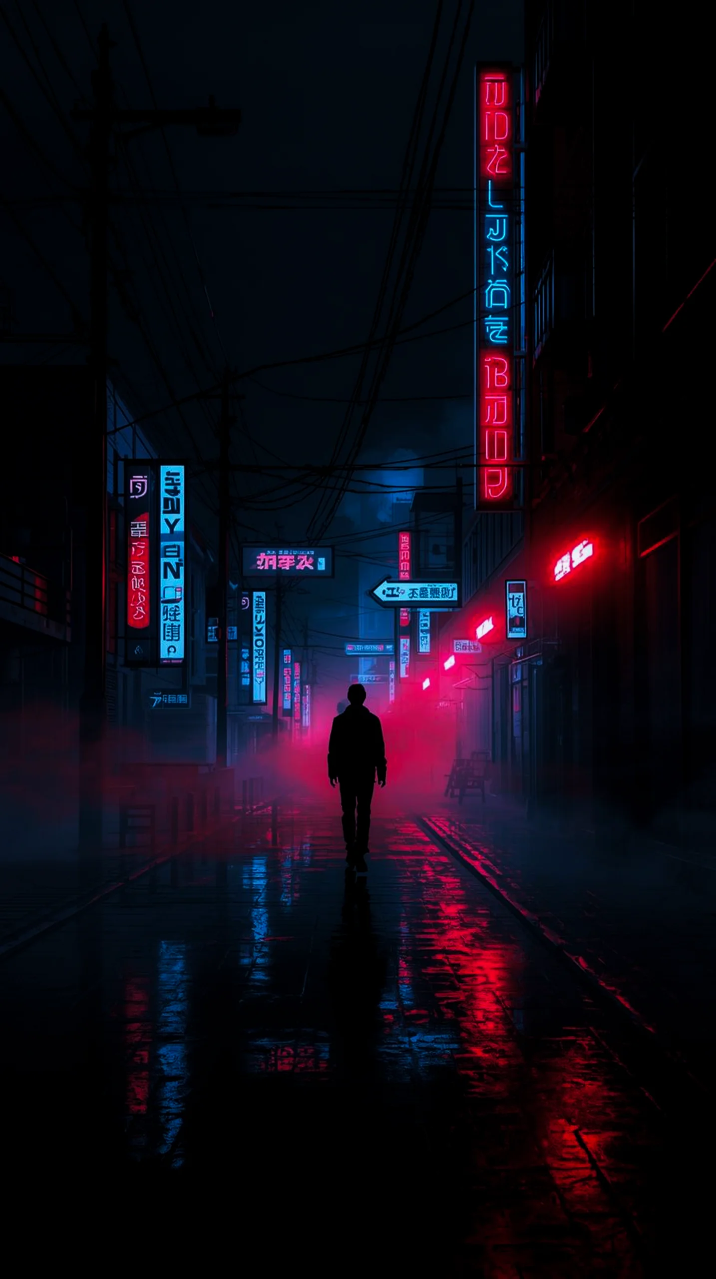 dark cyberpunk street walker neon lights wallpaper for phone 4K