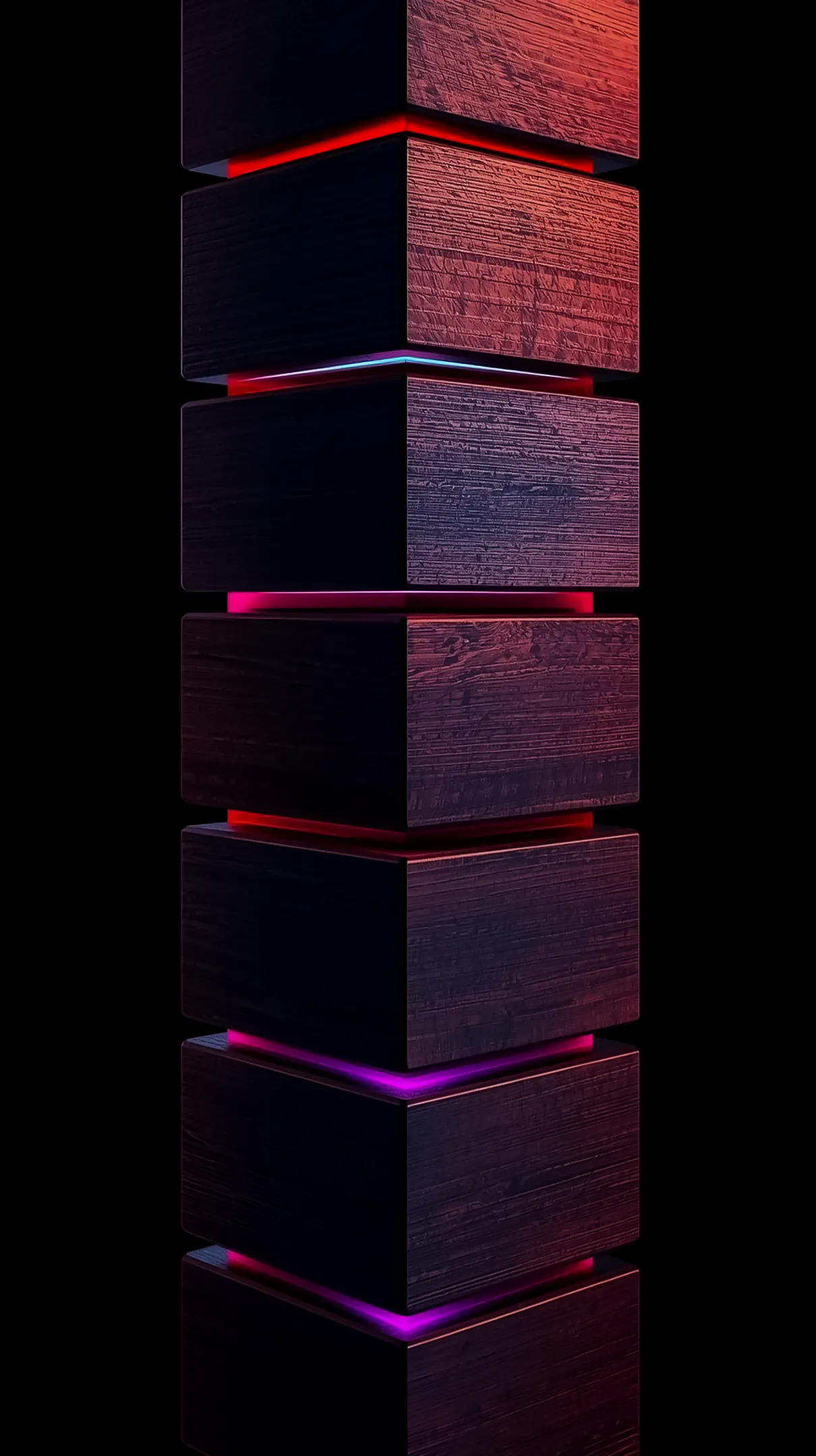 Dark wood cubes with red, blue, and purple neon glow. AMOLED wallpaper 4K for mobile, iPhone wallpaper 4K, 4K wallpaper