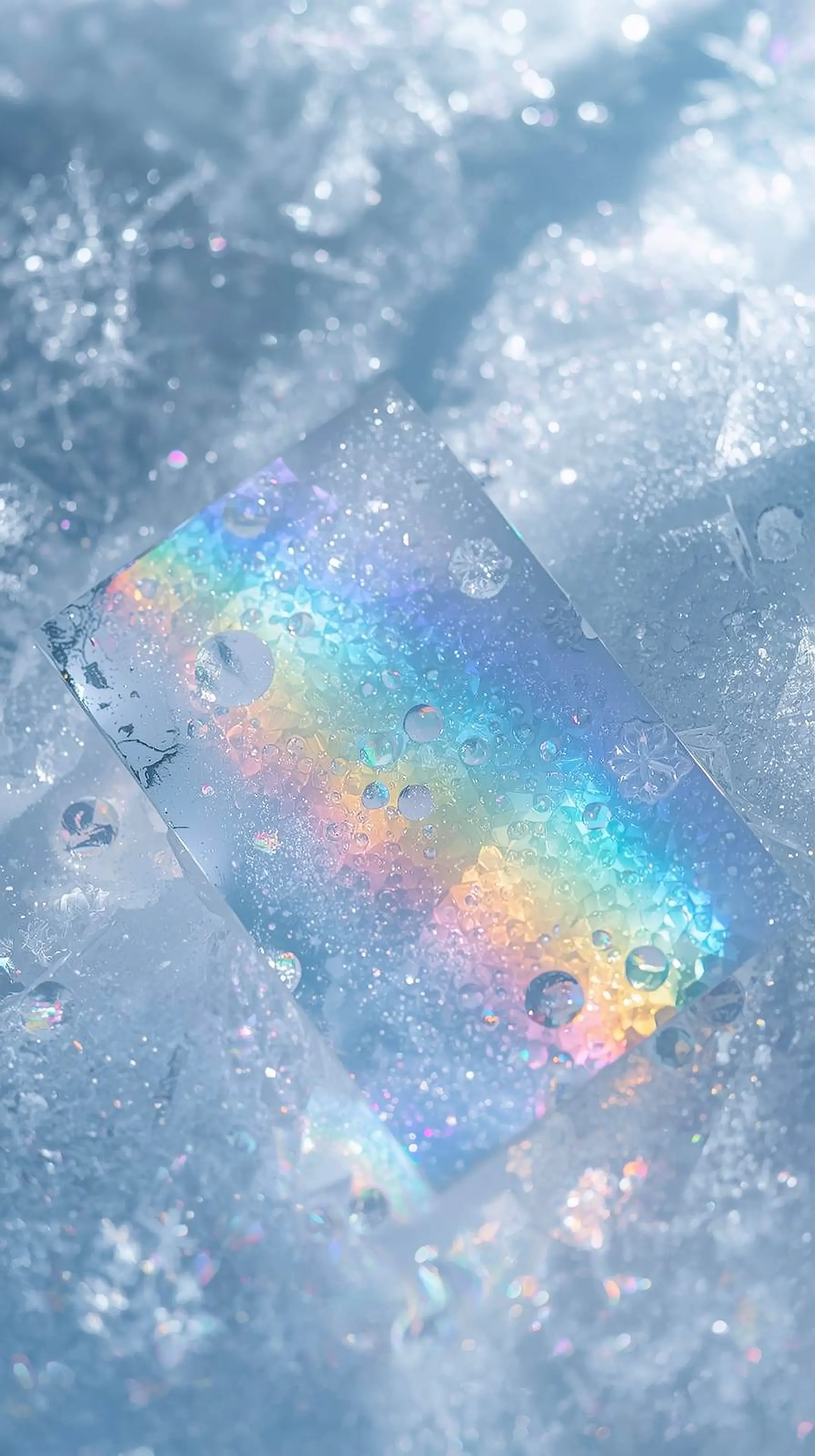4k wallpaper for mobile Iridescent Rainbow Holographic Crystal, Shimmering Pastel Prism Snow with Multicolor Sparkles and Dreamy Glow