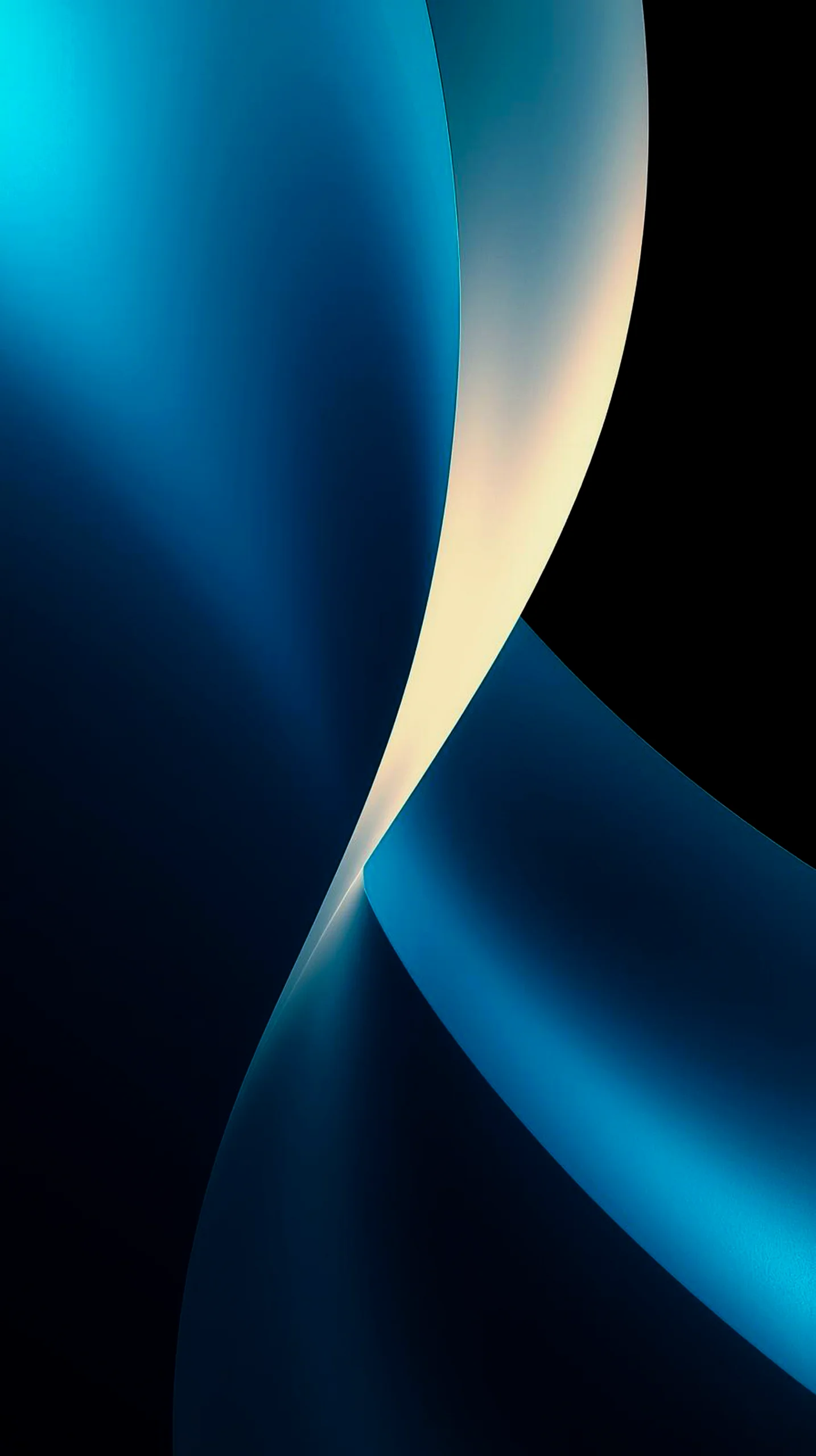 A sleek dark AMOLED mobile wallpaper featuring flowing blue abstract curves and soft lighting.