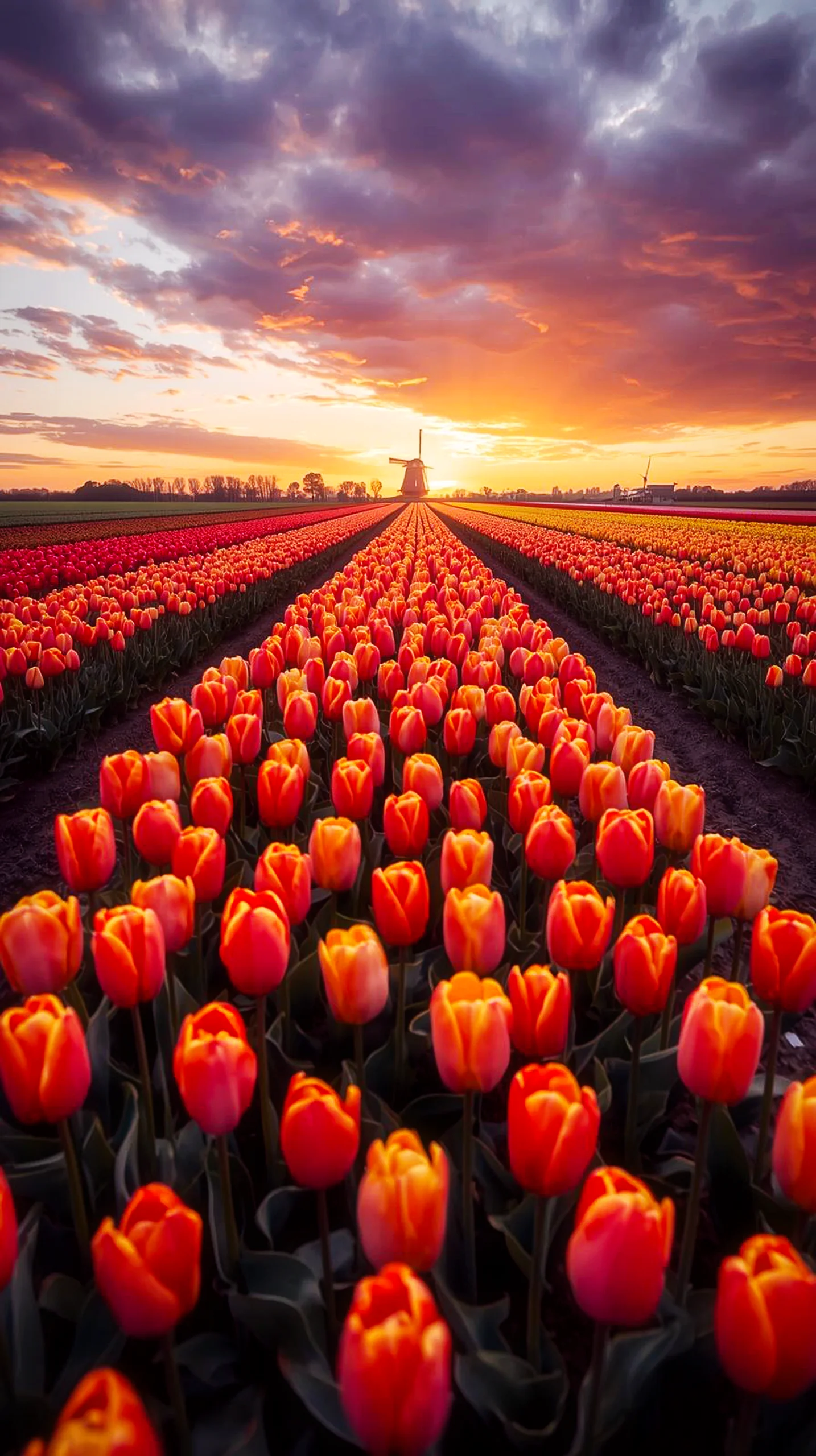 4K wallpaper of a Dutch tulip field at sunset with a windmill, perfect for iPhone and mobile phones.