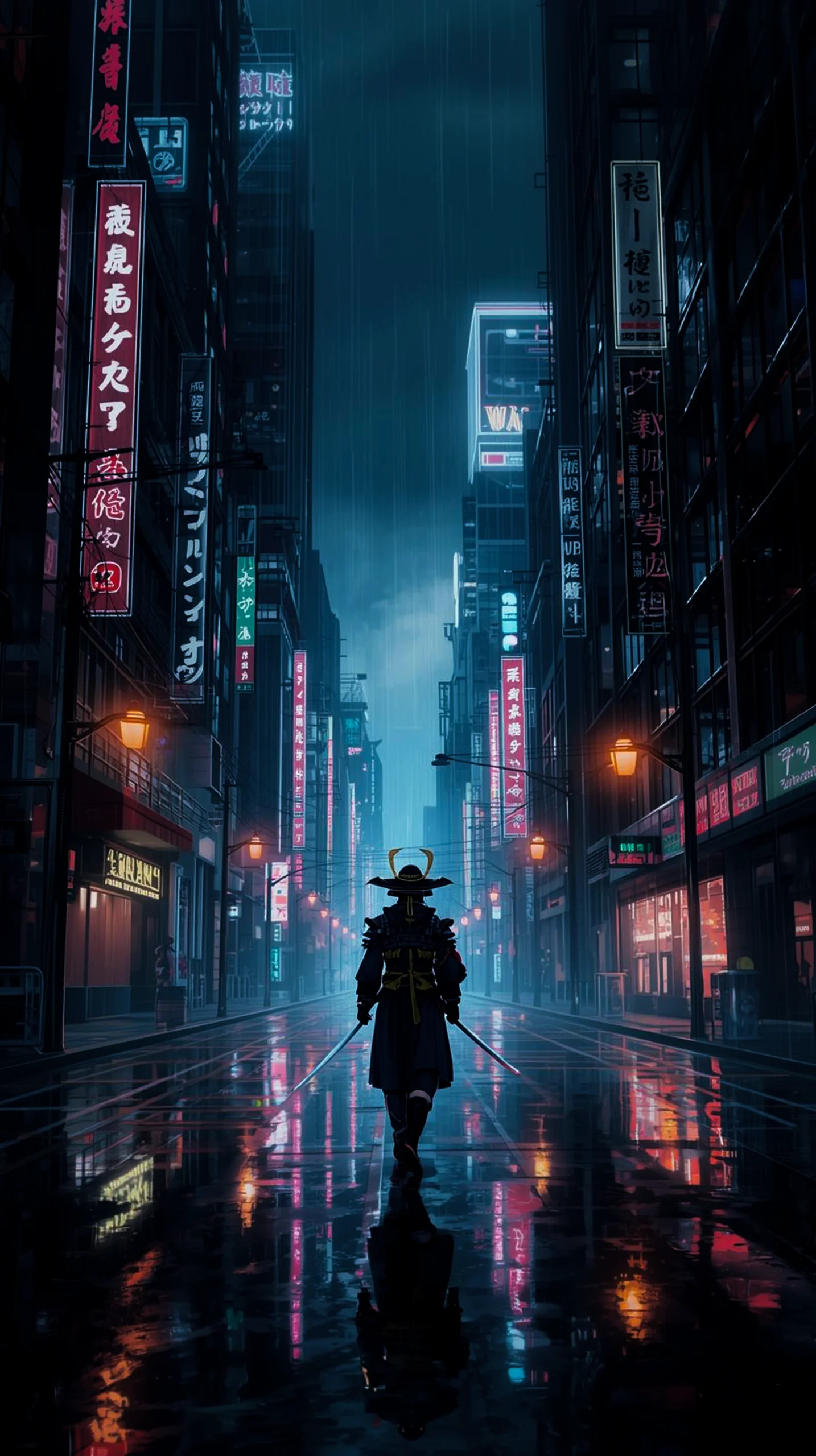 Cyberpunk samurai walking down a neon-lit street, reflection on wet ground. iPhone wallpaper, android wallpaper, mobile